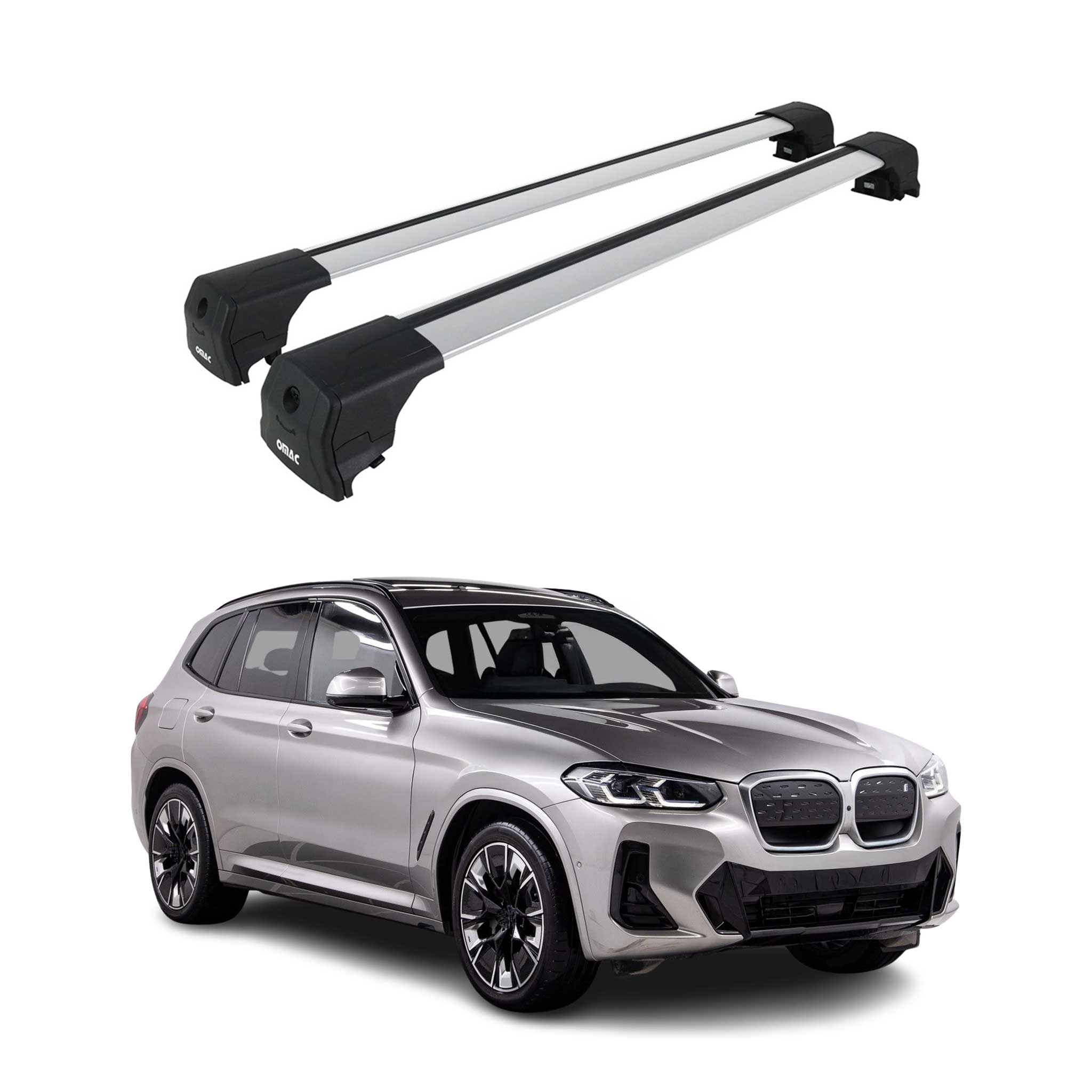 Omac Aluminium Dachträger Querträger Für Bmw Ix3 G08 2020-2025 – City Crash – Iso/pas 11154:2006 – Abschließbar – Max. 75 Kg – 2 Stangen Silber