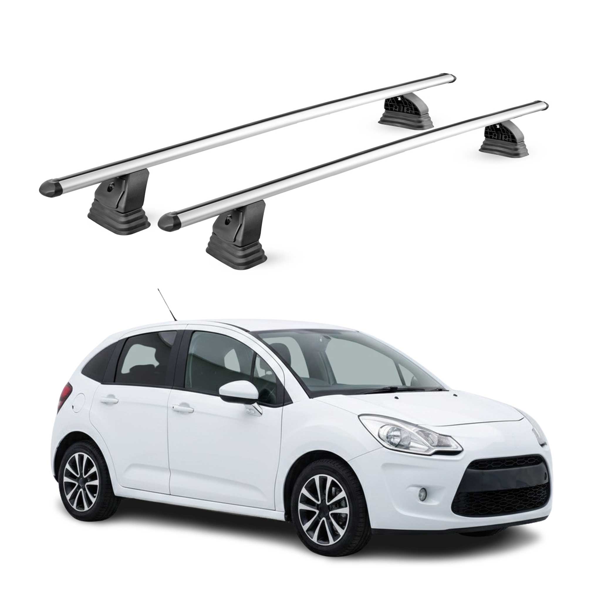 Omac Aluminium Dachträger Querträger Für Citroen C3 Ii 2009-2016 – Tüv / Din 75302:2019 – Abschließbar – T-nut – Max. 75 Kg – 2 Stangen – Silber