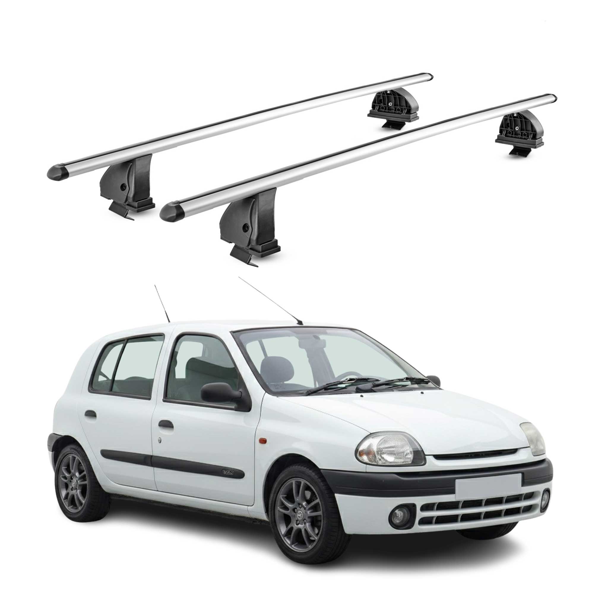 Omac Aluminium Dachträger Querträger Für Renault Clio Ii Schrägheck Clio Storia 1998-2005 – Tüv / Din 75302:2019 – Abschließbar – T-nut – Max. 75 Kg – 2 Stangen – Silber