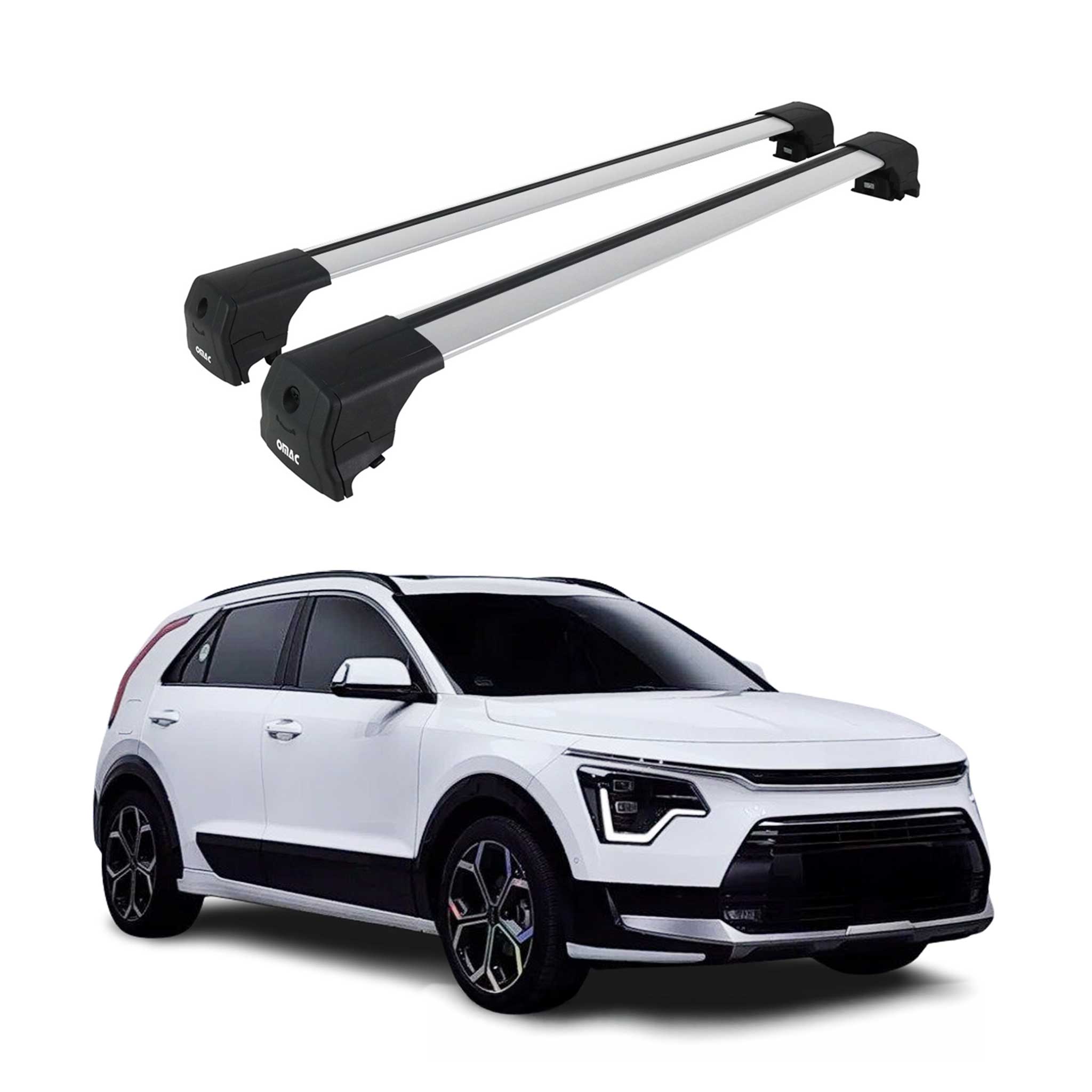 Omac Aluminium Dachträger Querträger Für Kia Niro Ii 2023-2026 – City Crash – Iso/pas 11154:2006 – Abschließbar – Max. 75 Kg – 2 Stangen Silber
