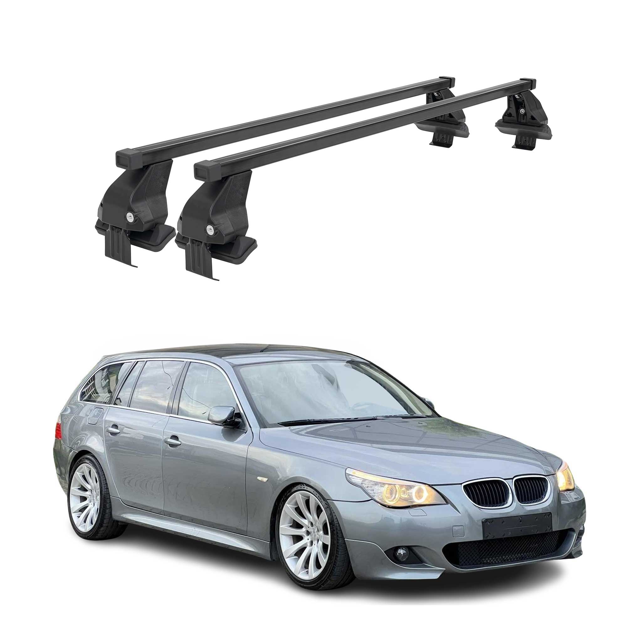 Omac Dachträger Querträger Stahl Für Bmw 5er E61 Touring 2004-2010 / M5 E61 Touring 2007-2010 – Abschließbar – City-crash-getestet – Din 75302:2019 – Iso/pas 11154:2006 – Max. 50 Kg Schwarz