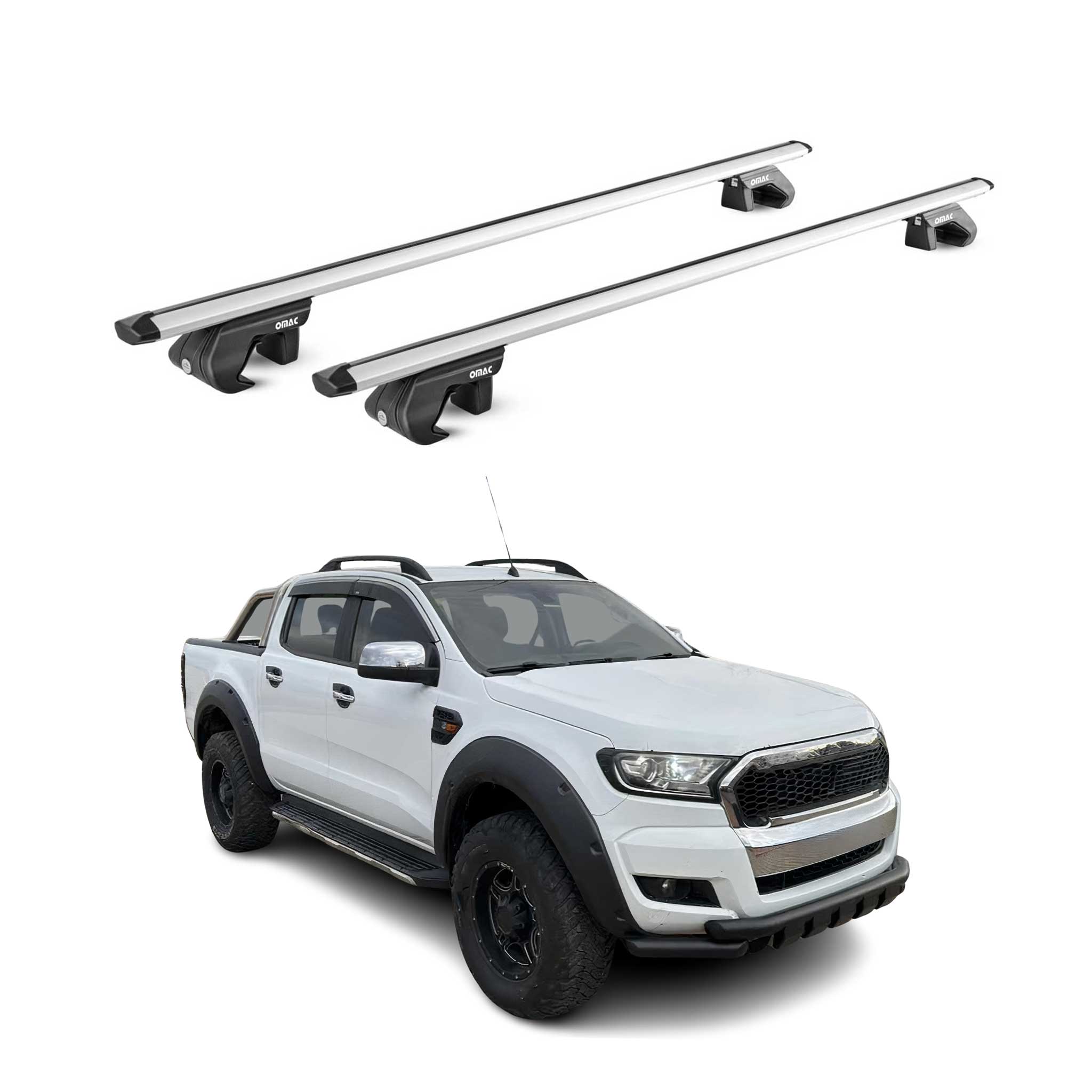 Omac Dachträger Aluminium Tüv Geprüft Für Ford Ranger T6 2011-2026 – Für Standard Dachreling – T Nut – Max 90 Kg – 2 Schlösser Silber