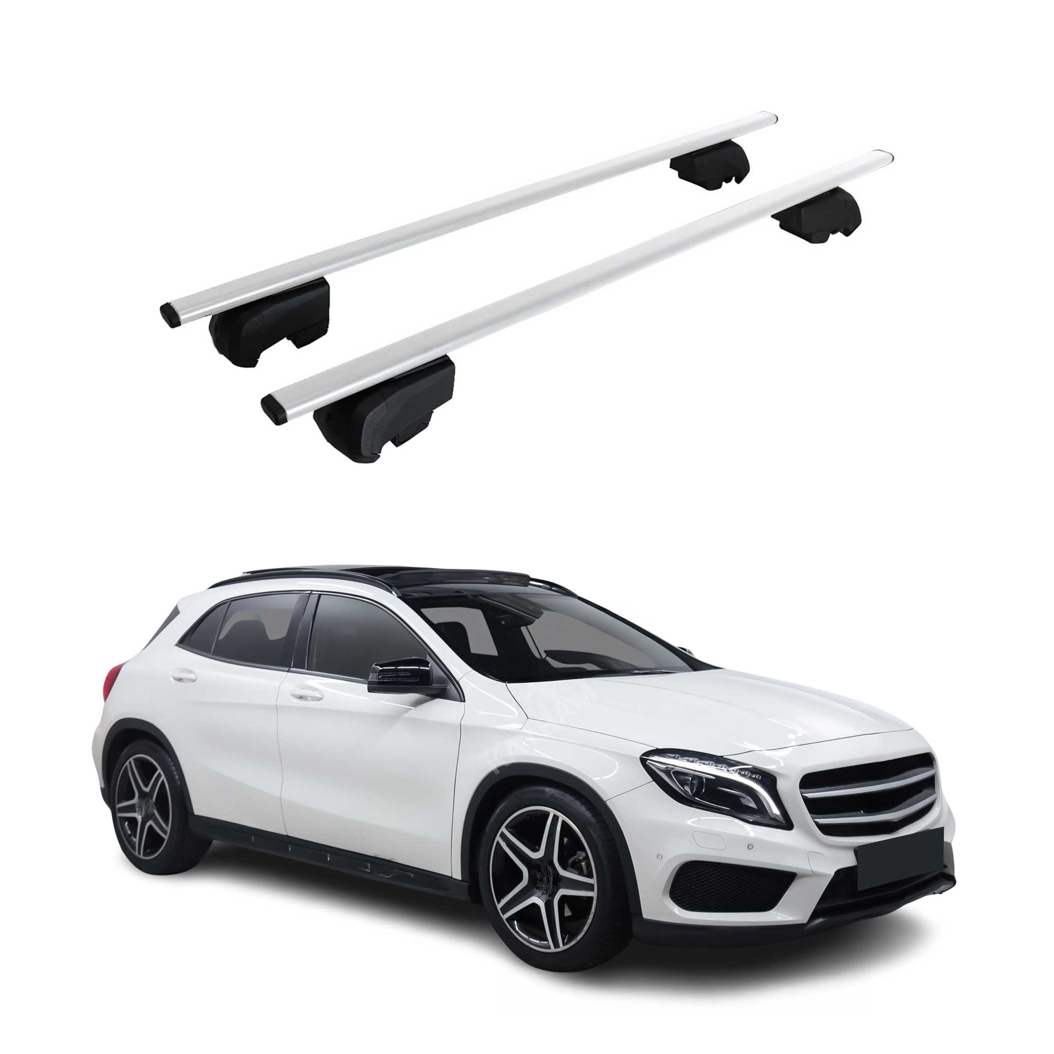 Omac Dachtrager Quertrager Für Mercedes Gla X156 2014-2020 – City Crash Getestet – Iso Pas 11154:2006 – Abschliessbar – Max 75 Kg – 2 Stangen Stahl Silber