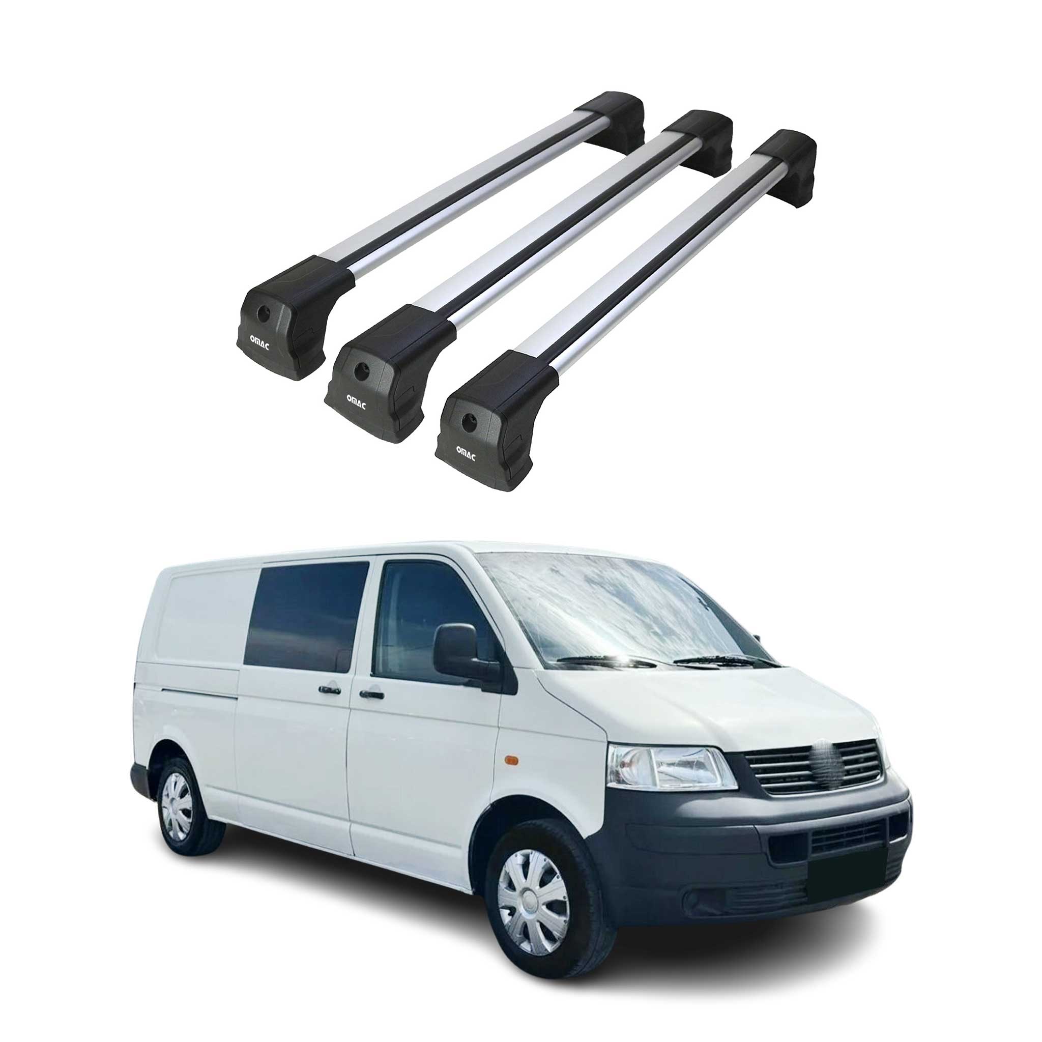 Omac Dachträger Querträger Kompatibel Mit Vw T5 T6 T6.1 Transporter Multivan Caravelle 2003-2024 – 3 Stangen – Abschließbar – Aluminium Silber