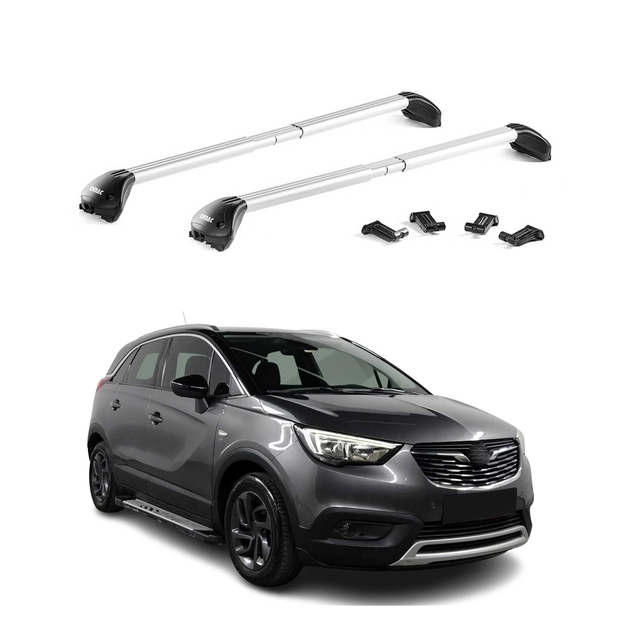 Omac Dachträger Querträger Tüv Geprüft Für Opel Crossland / Crossland X 2017-2024 – Abschließbar (4 Schlösser) – Max 100 Kg – Robuste Befestigung Silber