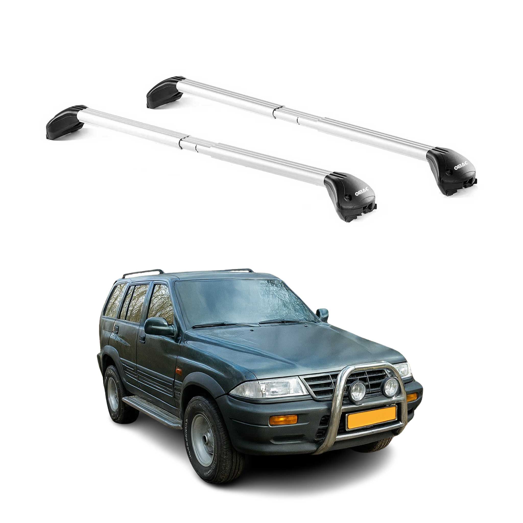Omac Dachträger Querträger Tüv Geprüft Für Ssangyong Musso Fj 1993-2004 – Abschließbar (4 Schlösser) – Max 100 Kg – Edelstahlband + Gummischutz Silber
