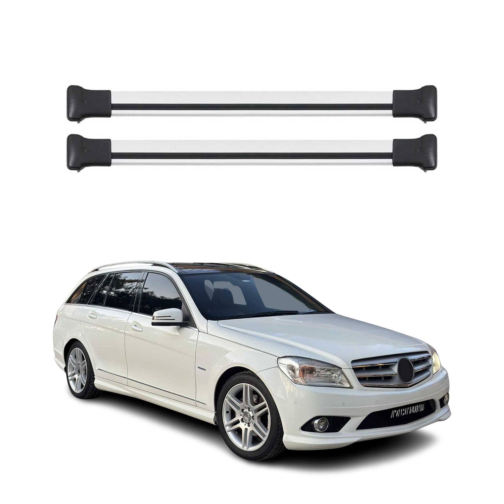 Omac Aluminium Dachträger Querträger Für Mercedes C Klasse S204 2007-2014 – Max. 75 Kg – 2 Stangen Silber