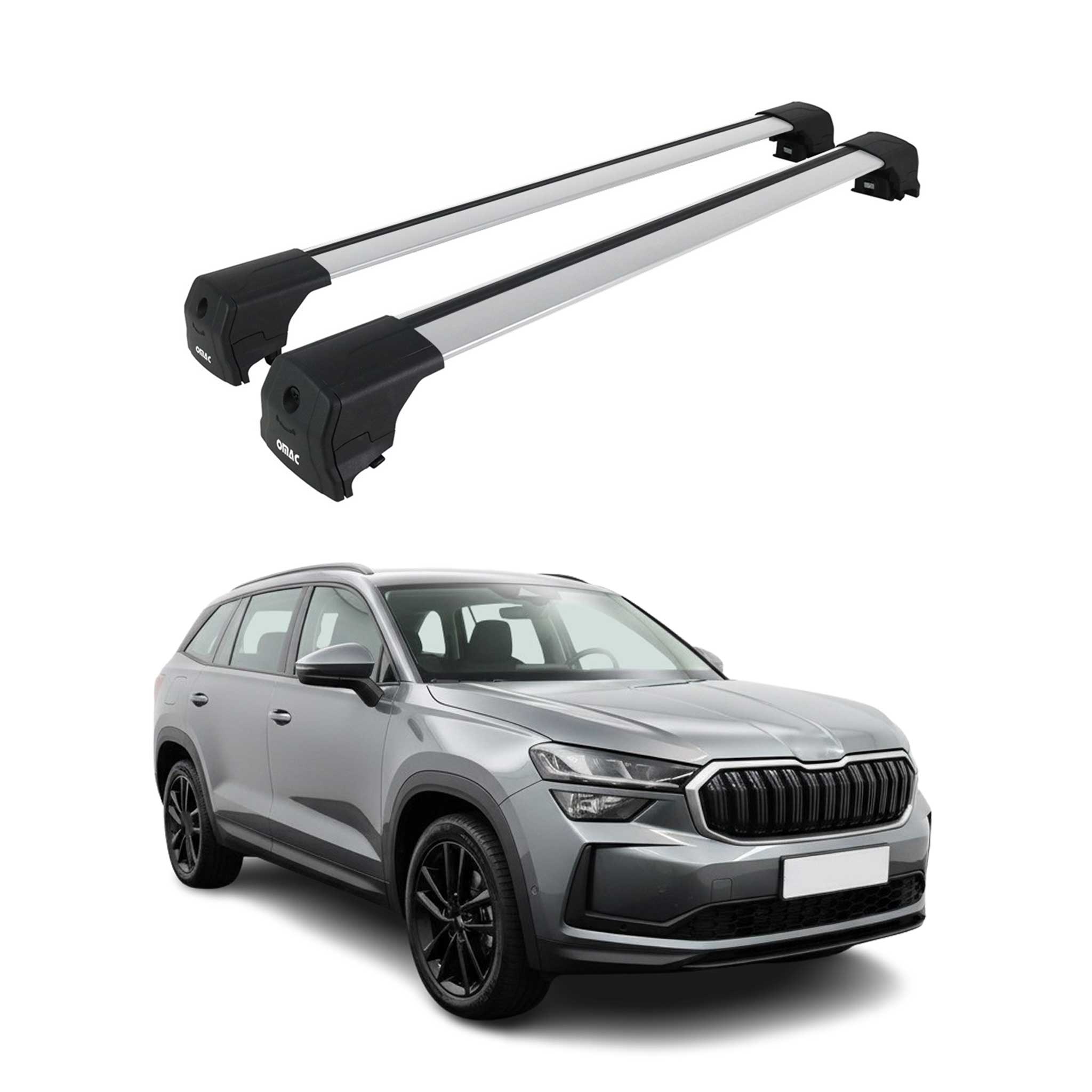 Omac Aluminium Dachträger Querträger Für Skoda Kodiaq Ii 2024-2026 / Superb 2024-2026 Kombi – City Crash – Iso/pas 11154:2006 – Abschließbar – Max. 75 Kg – 2 Stangen Silber