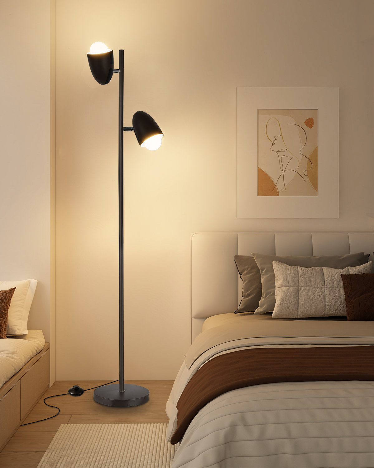Oraymin – Industrielle Stehlampe Mit Doppelt Verstellbarem Kopf H170cm - Led Leseleuchte 2x12w E27 3000k Inklusive - Design Aus Mattschwarzem Metall Mit Fußschalter - Ideal Für Wohnzimmer, Büro Und Sc