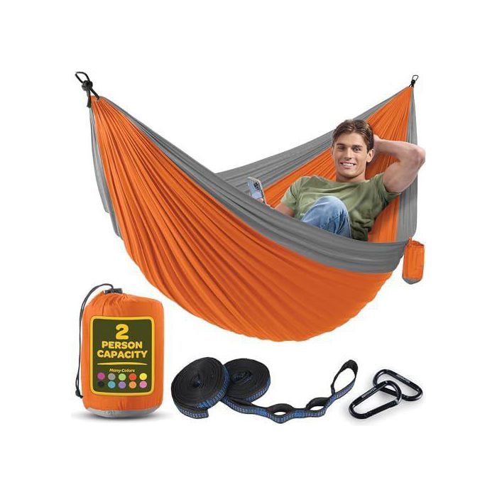 Hamac 2-personen, Flexibel, Ultralight Und Tragbar, Tragfähigkeit 350 Kg, Ideal Für Garten, Camping, Reisen, Grau-orange