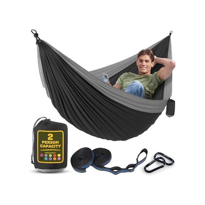 Hamac Für 2 Personen, Flexibel, Ultraleicht Und Tragbar, Tragfähigkeit 350 Kg, Ideal Für Garten, Camping, Reisen, Grau-schwarz