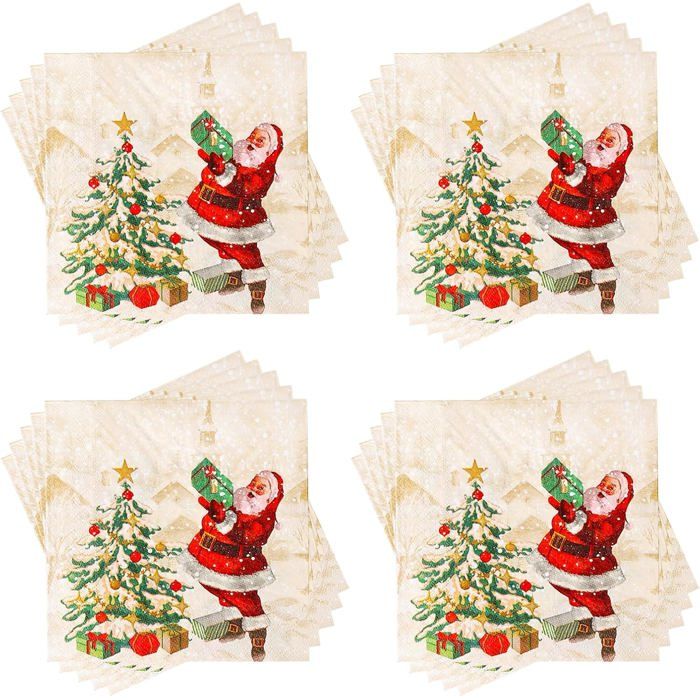 Weihnachts-einwegservietten Mich – 60 Stück – 33x33 Cm – Motive: Weihnachtsmann Und Tannenbaum – Gold – Biologisch Abbaubar