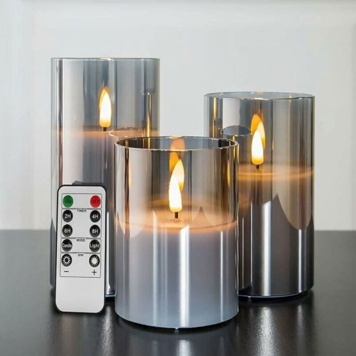 Grau-silberne, Flammenlose Glas-stimmungsleuchten Mit Fernbedienung, 3er-set Realistische Led-kerzen ∅ 3 H 4 5 6
