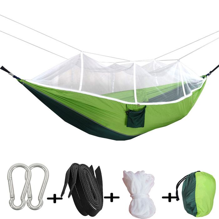 Hamac 260x140 Cm Aus Nylon-taft - Mit Moskitonetz Und Tasche - Leicht, Robust, Mückenschutz - Grün - Ideal Für Camping Und Entspannu