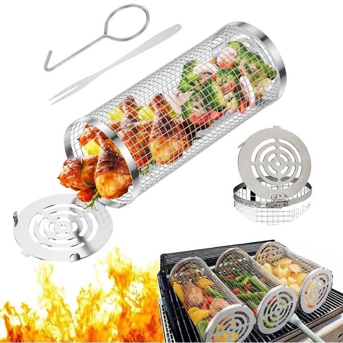 Edelstahl-barbecue-korb, Rollendes Grillgitter Mit Haken Für Gemüse, Fisch Und Fleisch (21x9x9 Cm)