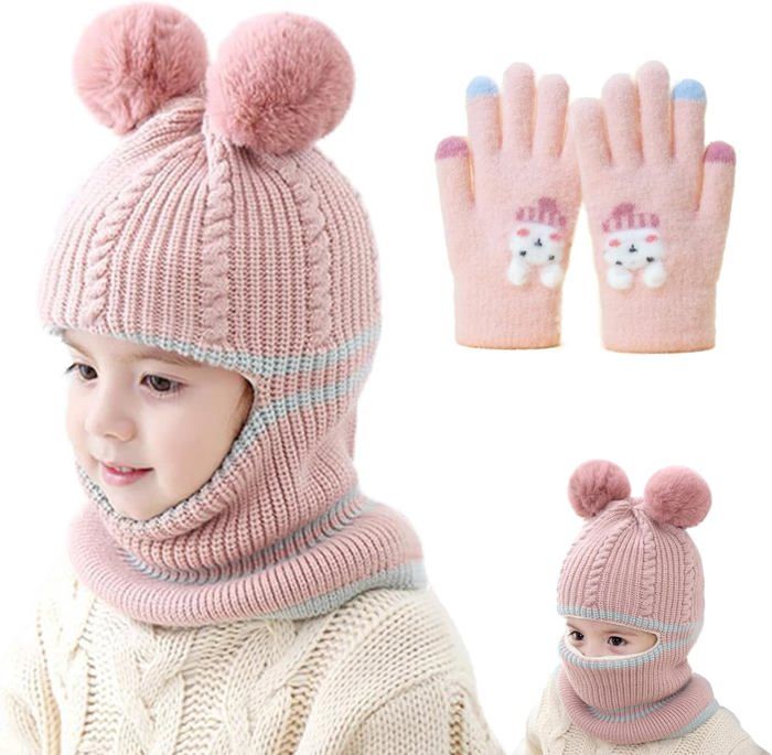 Mädchen-balaclava, 3-in-1 Bommelmütze, Gestrickte Bommelmütze, Warme Winterkapuze