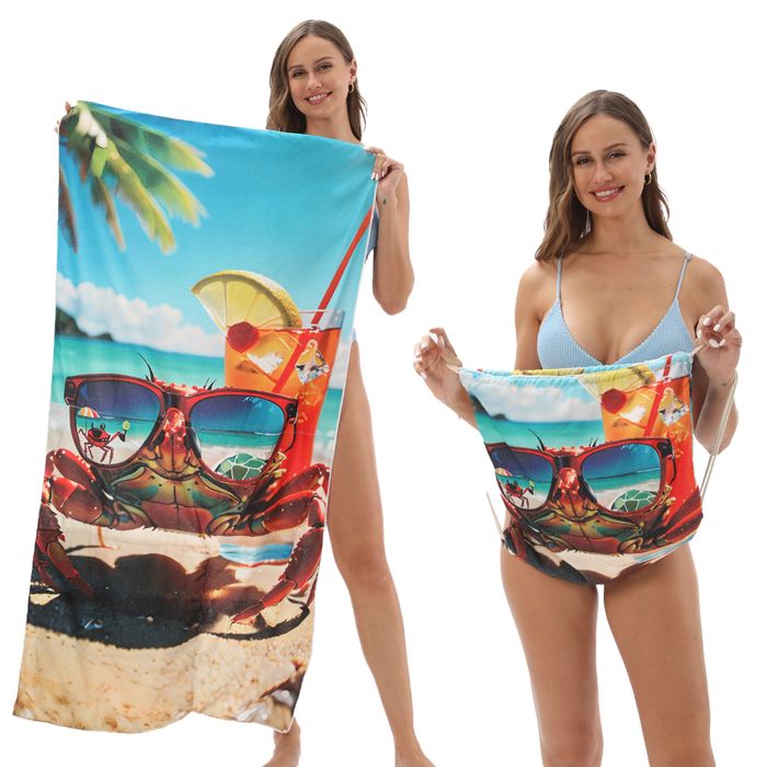 Verwandelbares Strandtuch 70 X 140 Cm, Krabbenmotiv Mit Sonnenbrille – Saugfähiger, Schnell Trocknender Mikrofaser-rucksack
