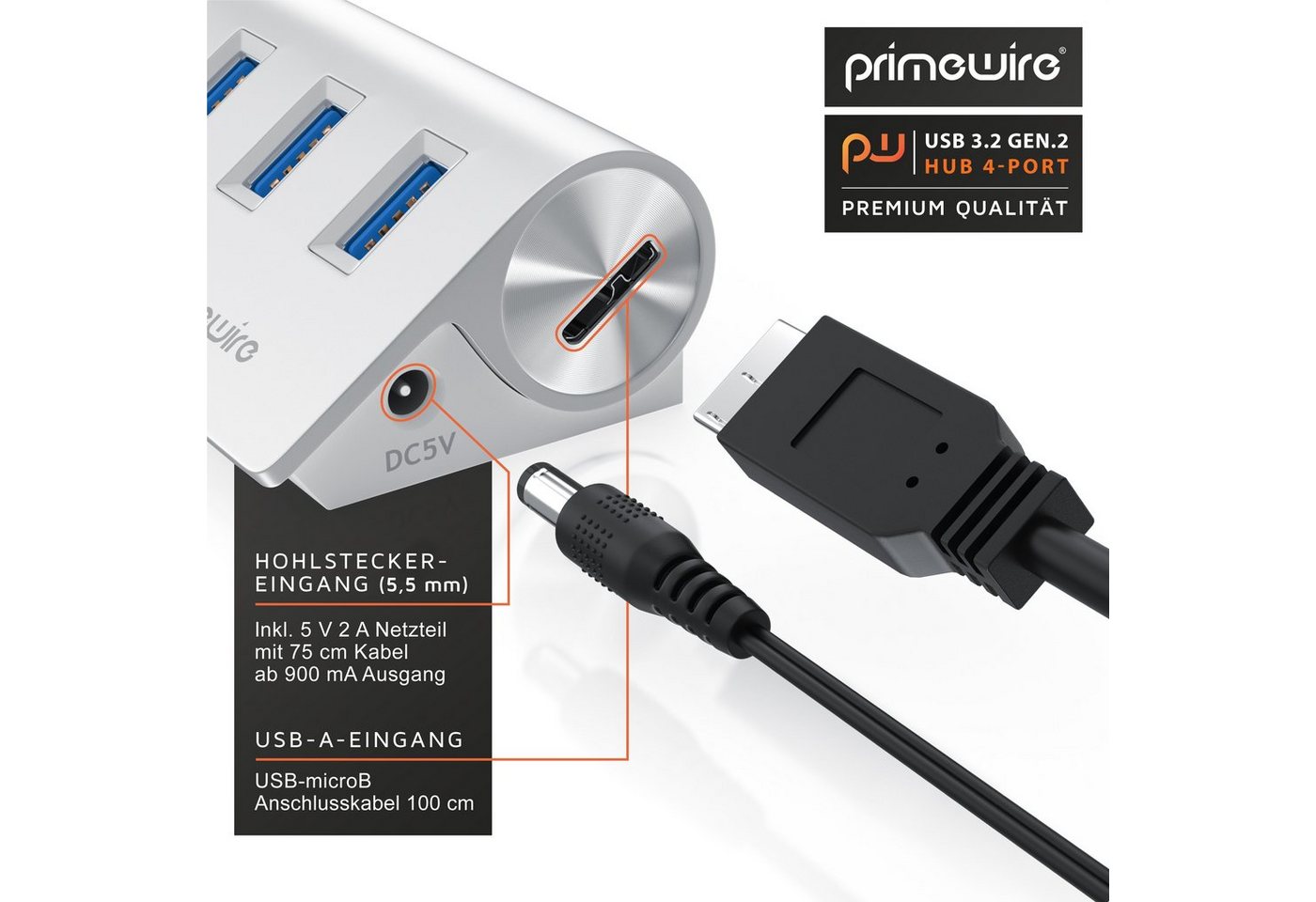 Primewire - Usb 3.2 Gen2 Hub Aktiv Inkl. Netzteil - 4 Port Hub/verteiler - Für Notebook, Laptop, Pc, Kompatibel Mit Imac, Macbook (air, Pro, Mini) Bild 2