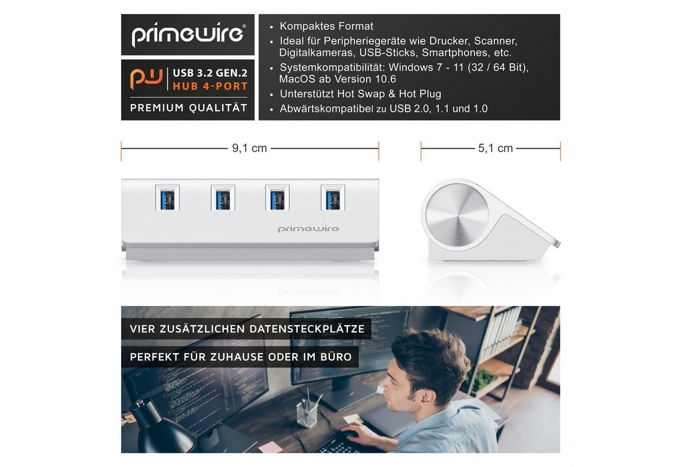 Primewire - Usb 3.2 Gen2 Hub Aktiv Inkl. Netzteil - 4 Port Hub/verteiler - Für Notebook, Laptop, Pc, Kompatibel Mit Imac, Macbook (air, Pro, Mini) Bild 4
