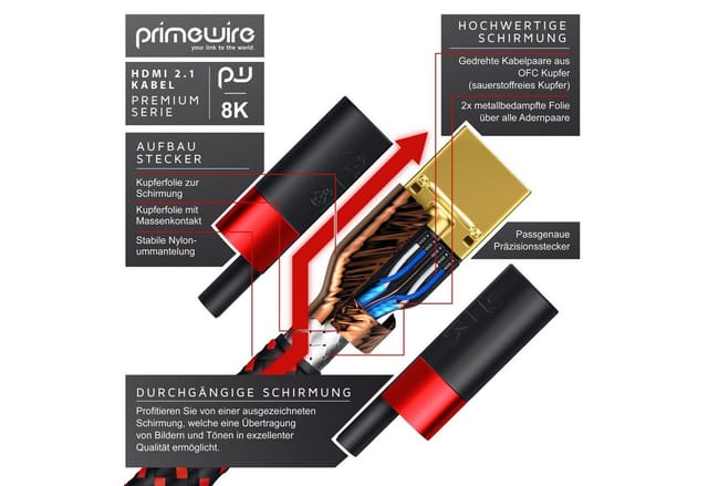 Primewire - 5m High Speed 8k Hdmi Kabel 2.1 Mit Ethernet Arc 3d 4k Ultra Hd 7680x4320 @ 120 Hz Ps4 360 Tv Oled Pc Laptop Beamer Monitor - Schwarz/rot