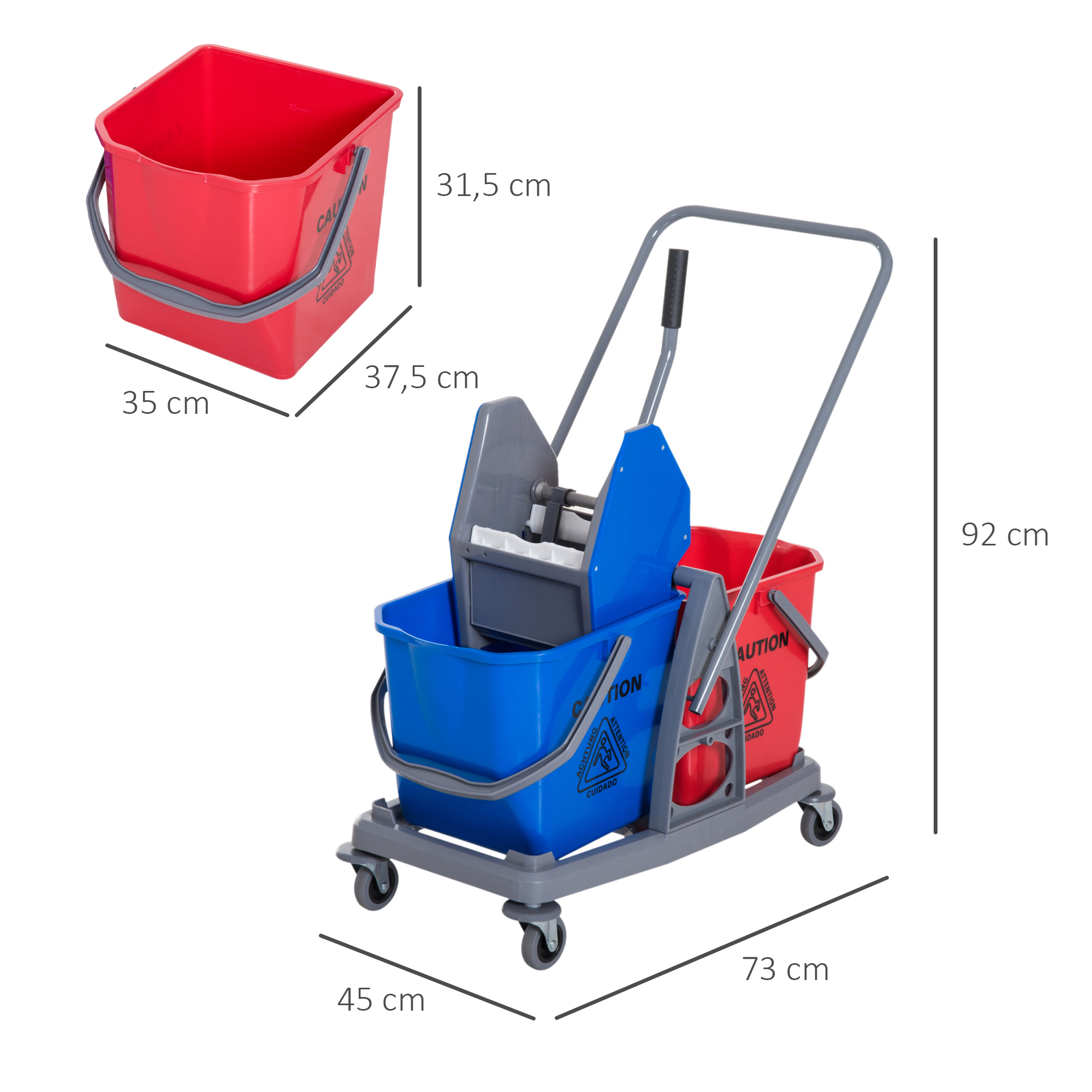 Homcom Professioneller Reinigungswagen, Metall-wischmoppwagen Mit 2 Abnehmbaren 25-liter-eimern, Auswringer, Handpresse Und 4 Rädern, 73 X 45 X 92 Cm, Rot Und Blau