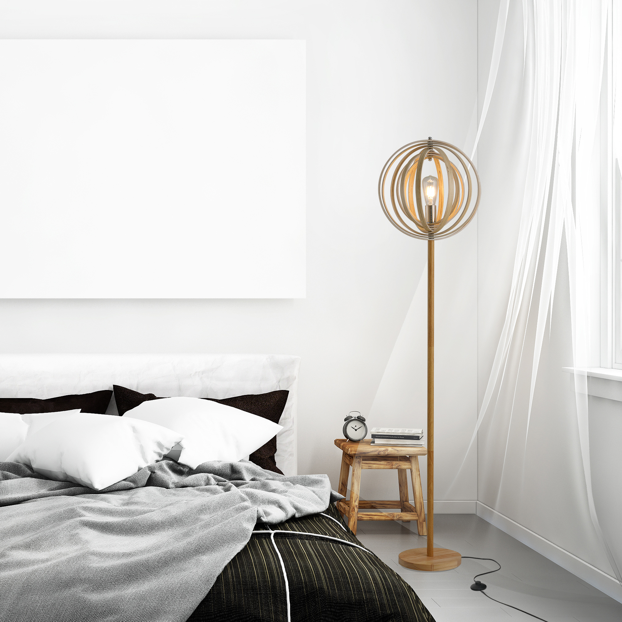 Designer-stehlampe Fürs Wohnzimmer, Verstellbarer Lampenschirm Aus Holzring, E27-fassung, Ø 38 X 160 Cm