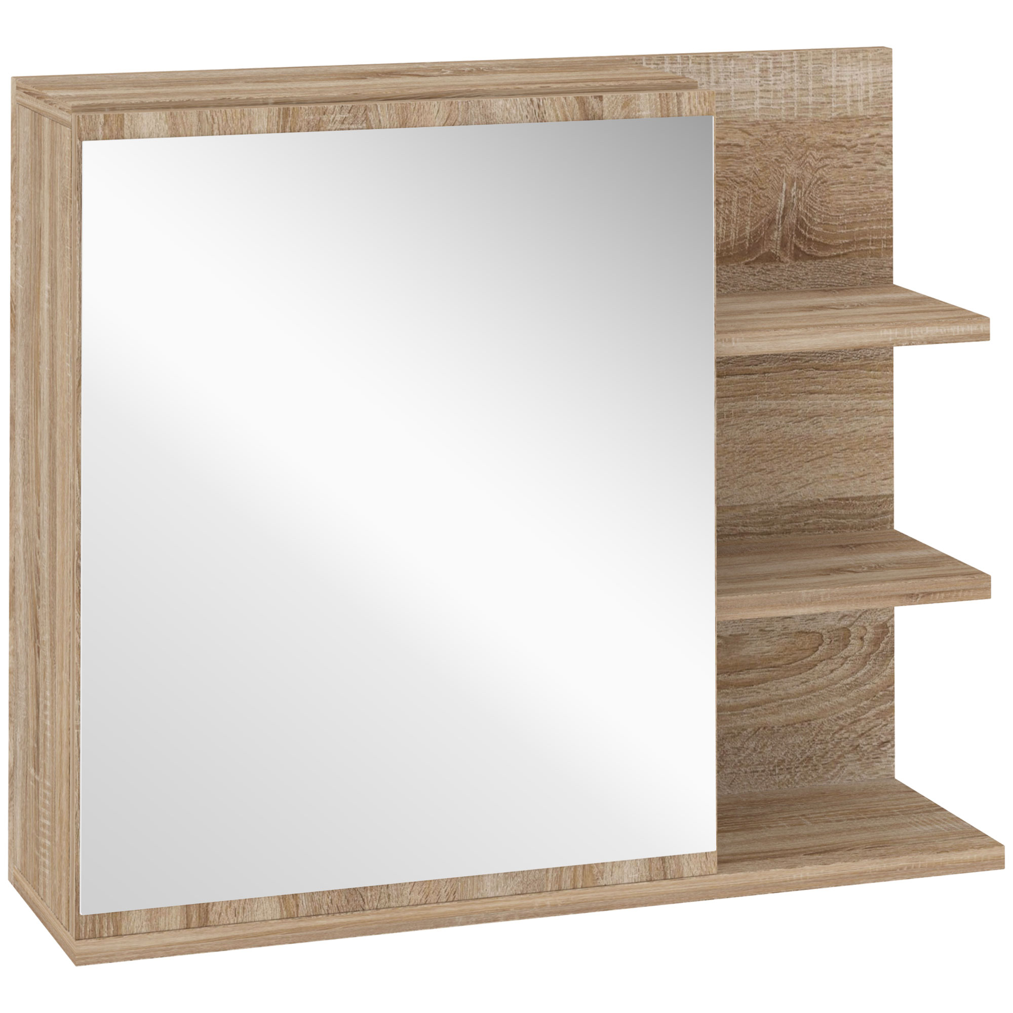 Kleankin Badezimmer-spiegelschrank Mit Ablage – 3 Seitenablagen – Inkl. Wandmontage-set – Spanplatte In Heller Eichenoptik