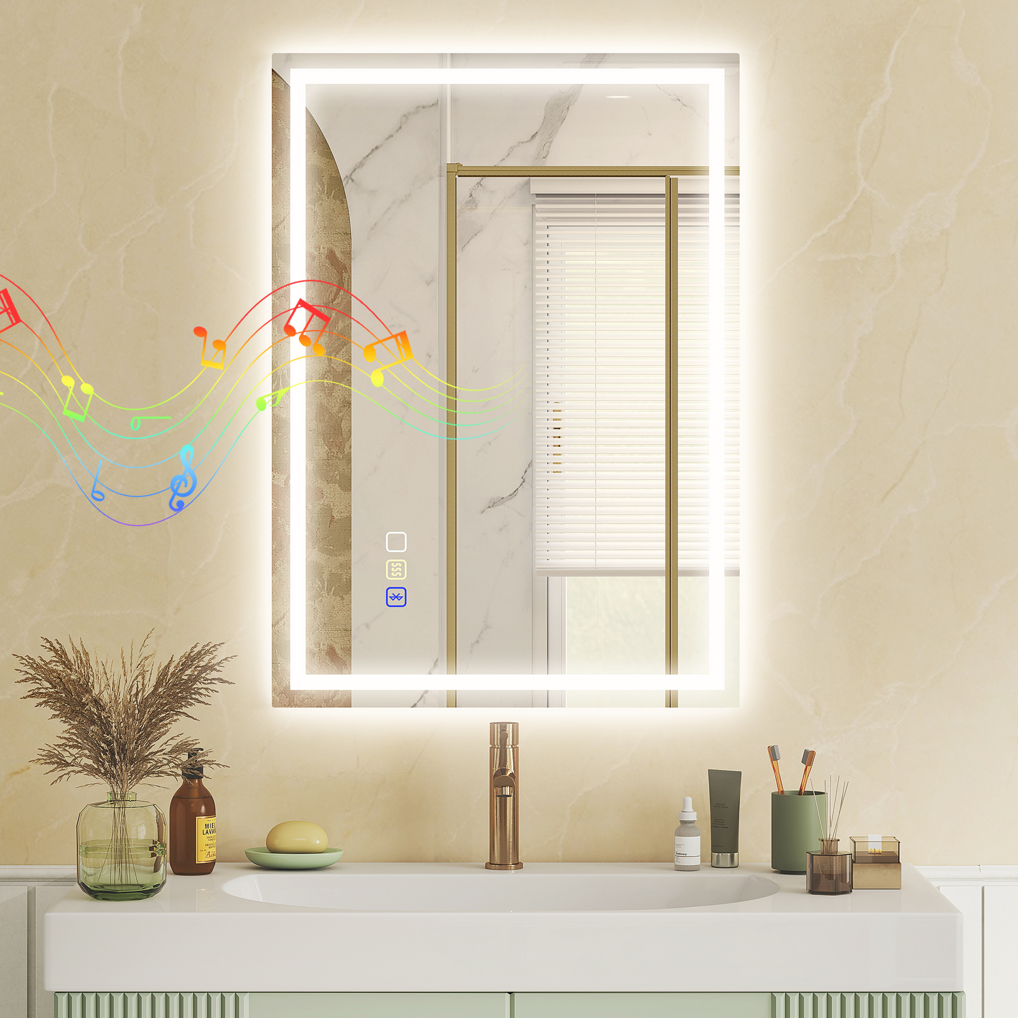 Wandspiegel Mit Led-beleuchtung Und Bluetooth-lautsprecher, 70 X 50 Cm, 3 Farben, Badezimmerspiegel Mit Einstellbarer Helligkeit, Memory-funktion, Antibeschlagbeschichtung, Touch-schaltern, Horizontal