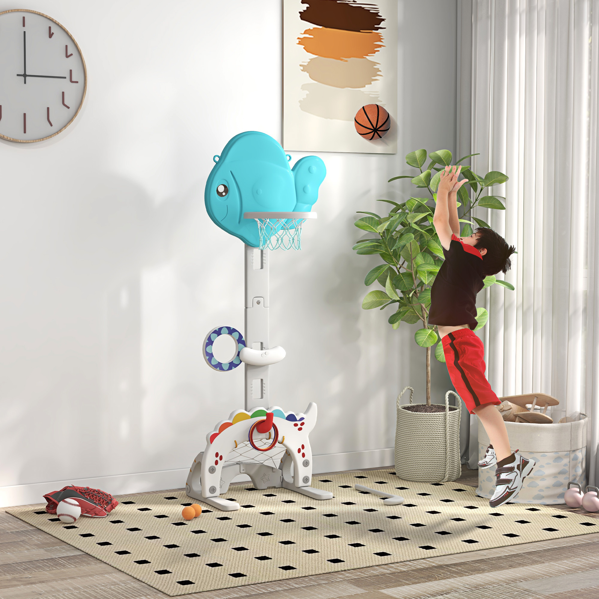 5-in-1 Kinder-basketballkorb Mit Verstellbarer Höhe, Fußballtor, Golfball Und Ringwurfspiel – Blau Und Grau