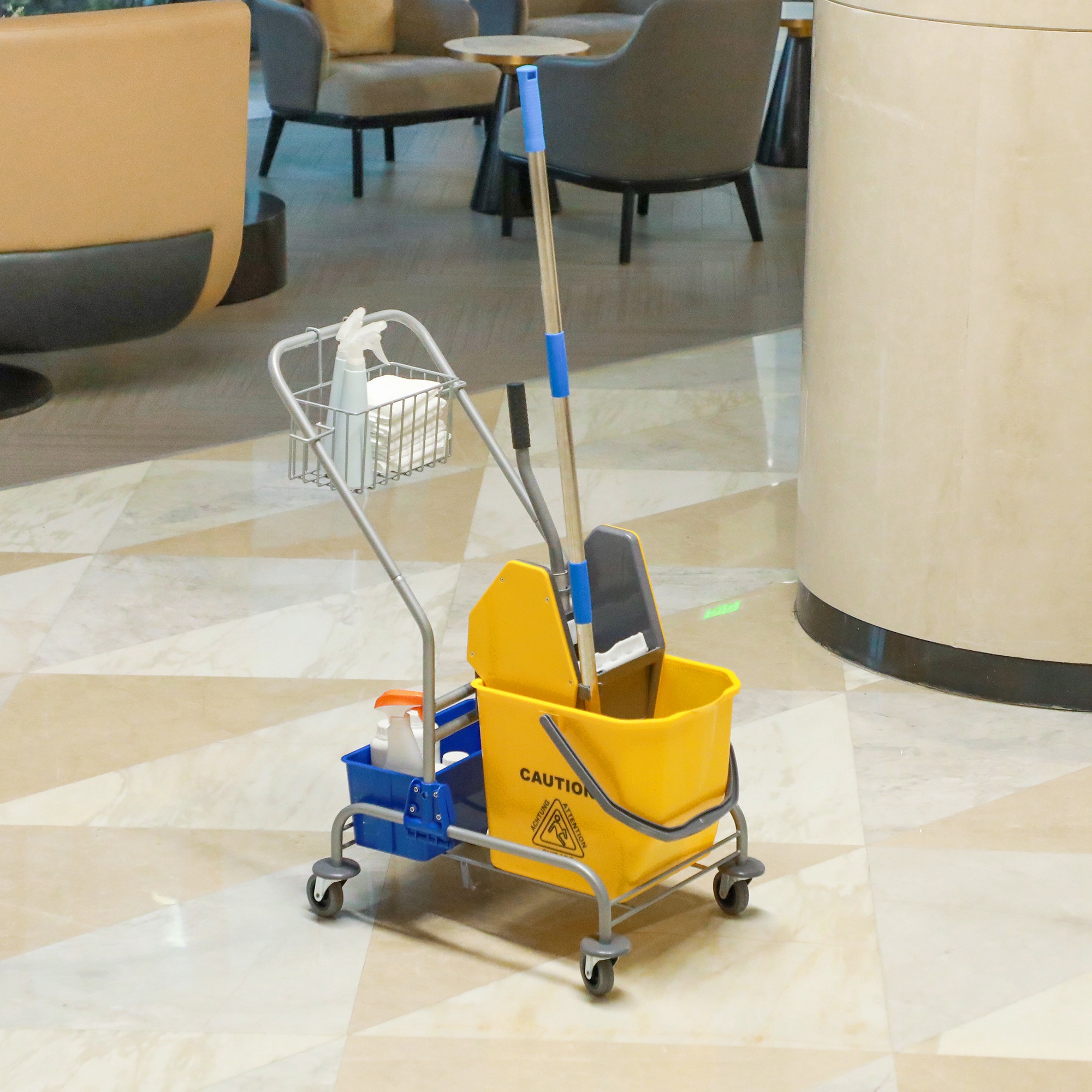 Professioneller Reinigungswagen Mit Hängekorb, Ablage, 25-liter-eimer Für Bodenwischer Mit Auswringer, Mehrzweckwagen Mit Haken Für Hotels, Pensionen Und Restaurants, 72 X 49,5 X 95 Cm, Gelb