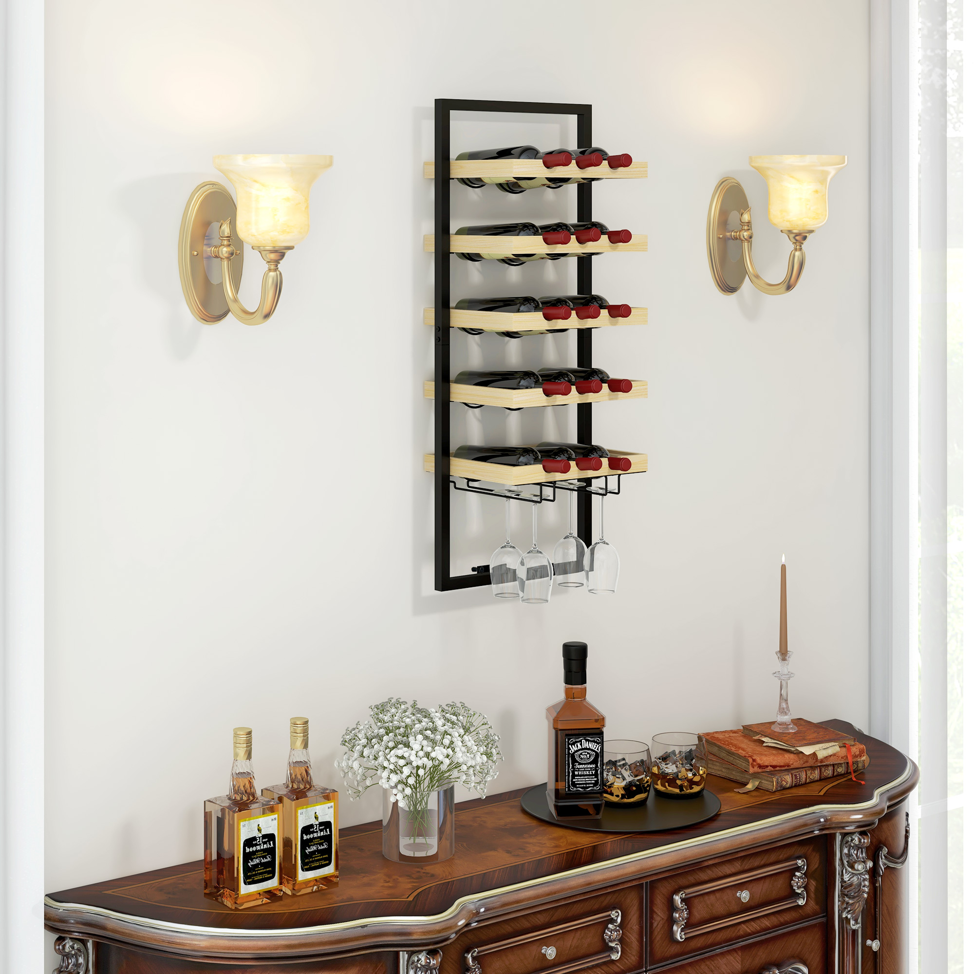 Wandmontiertes Weinregal Aus Holz Und Stahl, Flaschenhalter Für 15 Flaschen Und 4 Gläser, Weinkeller Für Bars, Küchen, Wohnzimmer, Esszimmer Und Restaurants, Holzfarbe