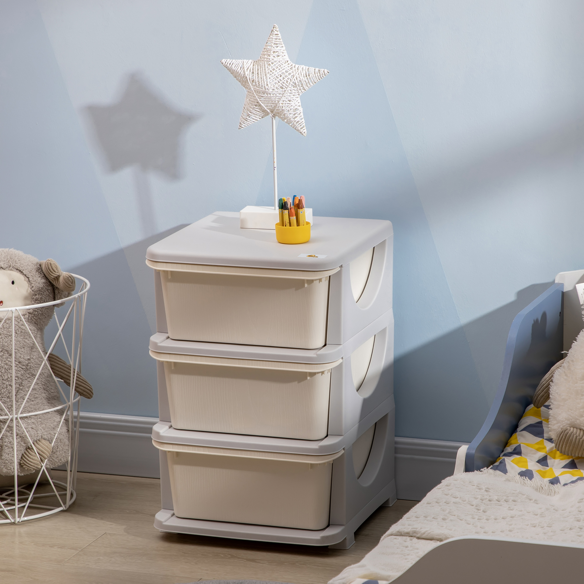 Schubladenorganizer Aus Kunststoff Für Kinder Mit 3 Schubladen Und Griffen Zur Aufbewahrung Von Spielzeug, Kleidung Und Büchern, 37 X 37 X 56,5 Cm, Beige