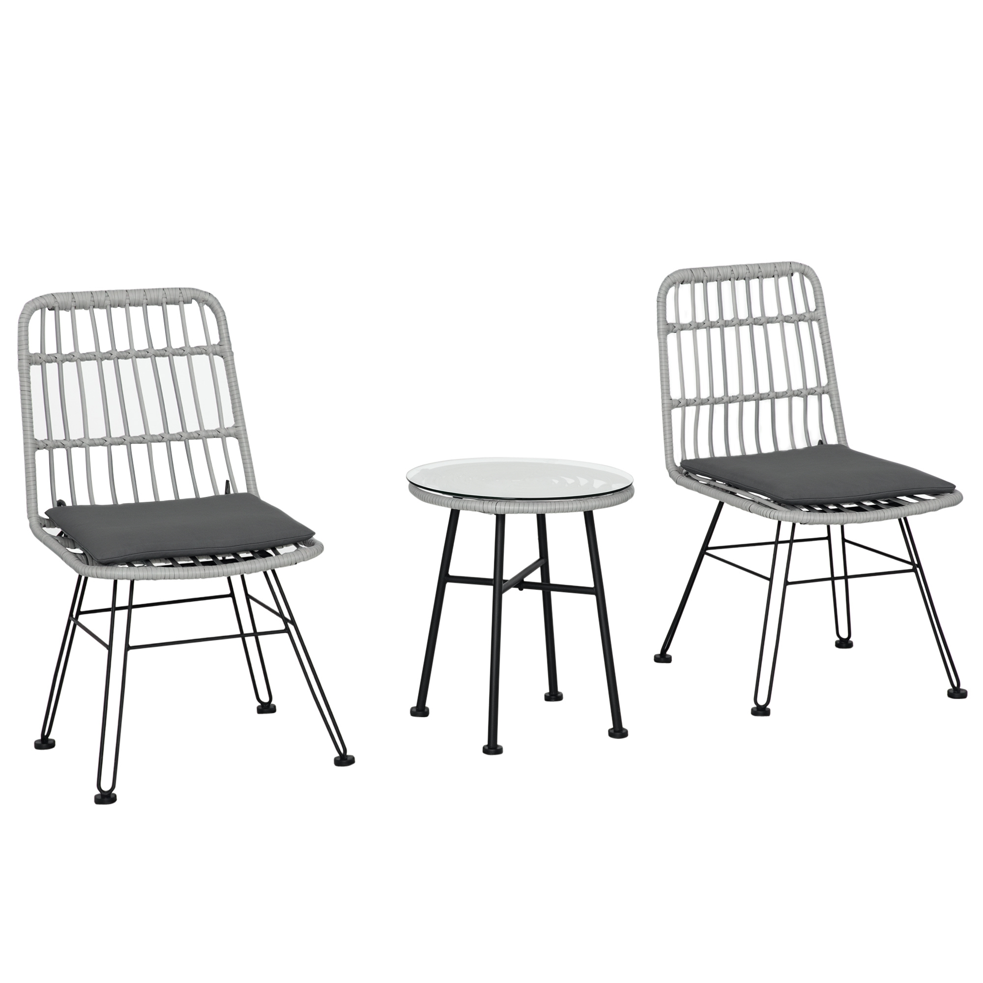 3-teiliges Garten-bistro-set Aus Pe-rattan Und Stahl, Bestehend Aus Einem Couchtisch Mit Glasplatte Und Zwei Stühlen, Für Balkon, Terrasse Und Garten, Grau