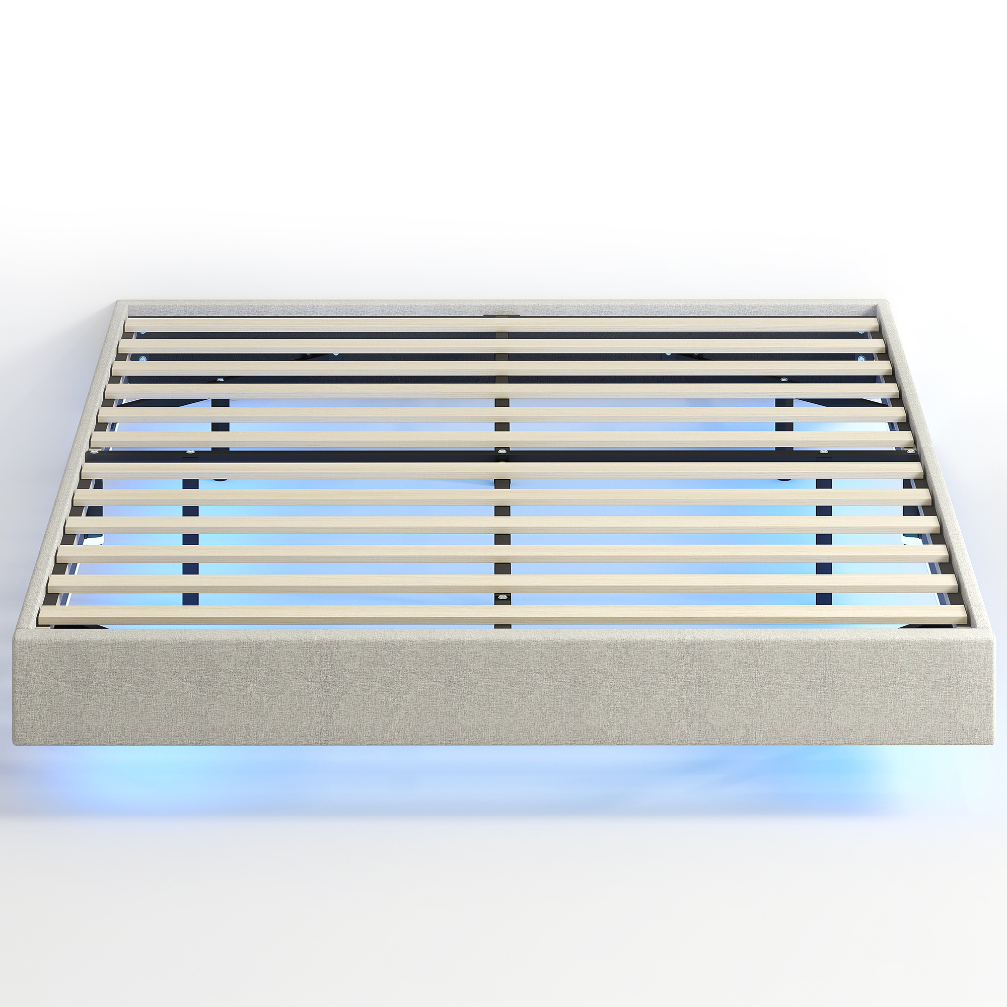 Schwebendes Bettgestell 140 X 190 Cm Mit Led-beleuchtung, Doppelbettbezug Aus Leinen, Lattenrost Aus Holz, Beige