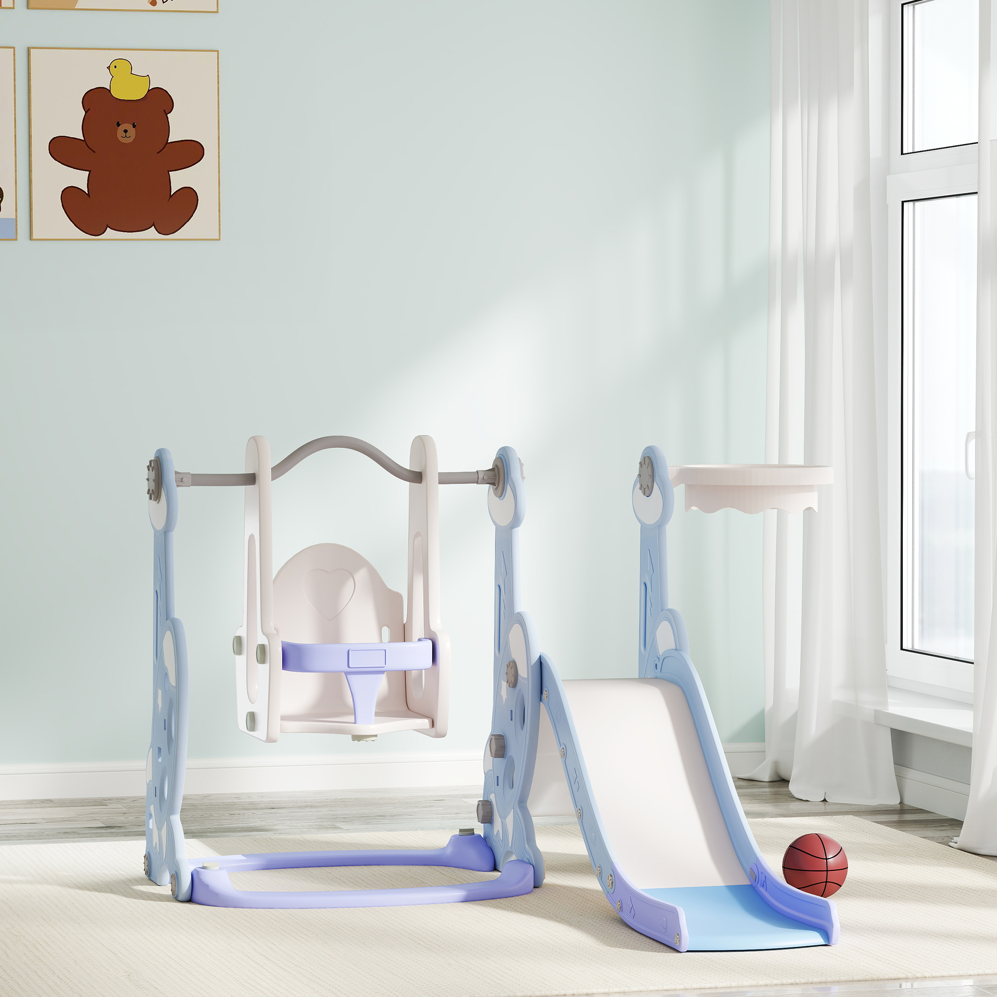 4-in-1 Kinderrutsche, Freistehende Gartenrutsche Mit Schaukel, Kletterleiter Und Basketballkorb, Spielplatzset Für Drinnen Und Draußen, Kinderzimmer, 18–48 Monate, Blau