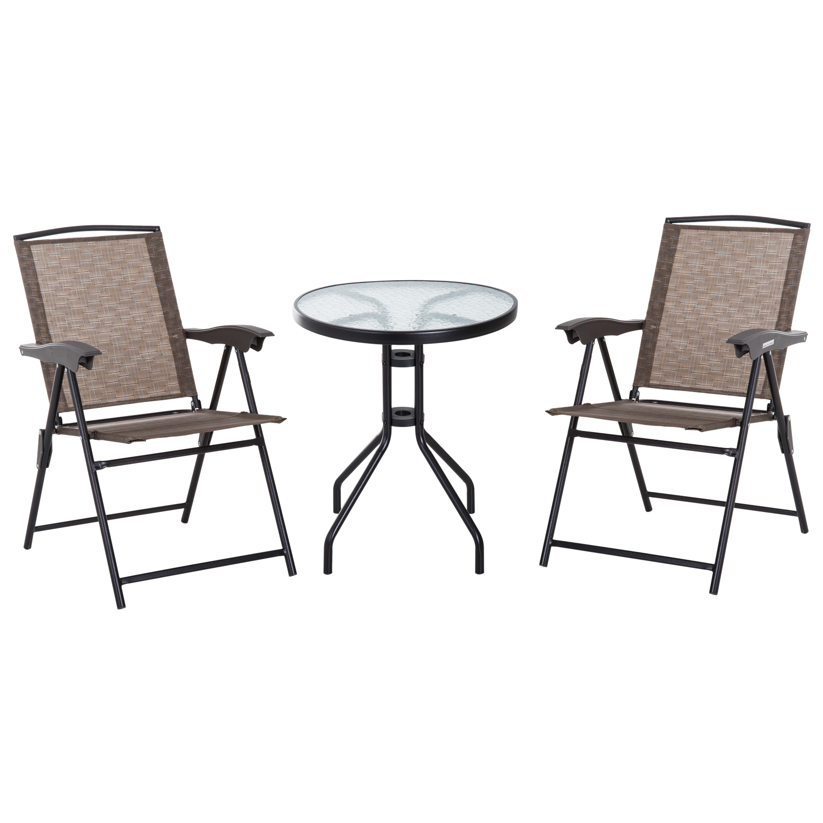 Outsunny 3-teiliges Garten-set: 2 Verstellbare Klappstühle + Runder Tisch (sicherheitsglas, Metall, Textilene) – Schokoladenbraun