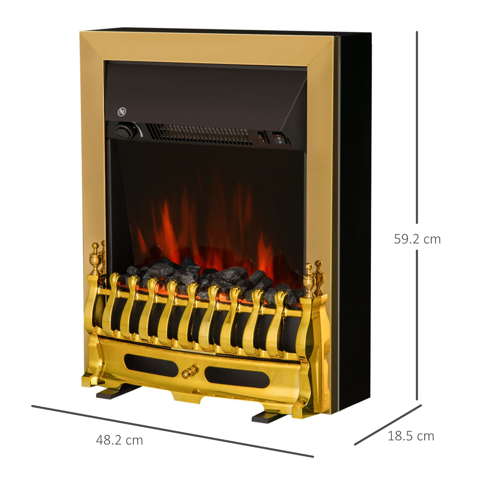 Elektrischer Kamin, Einbau- Oder Standmodell, Leistung 1000 W / 2000 W, Gehäuse Aus Kunststoff Und Metall, 48,2 × 18,5 × 59,2 Cm, Gold