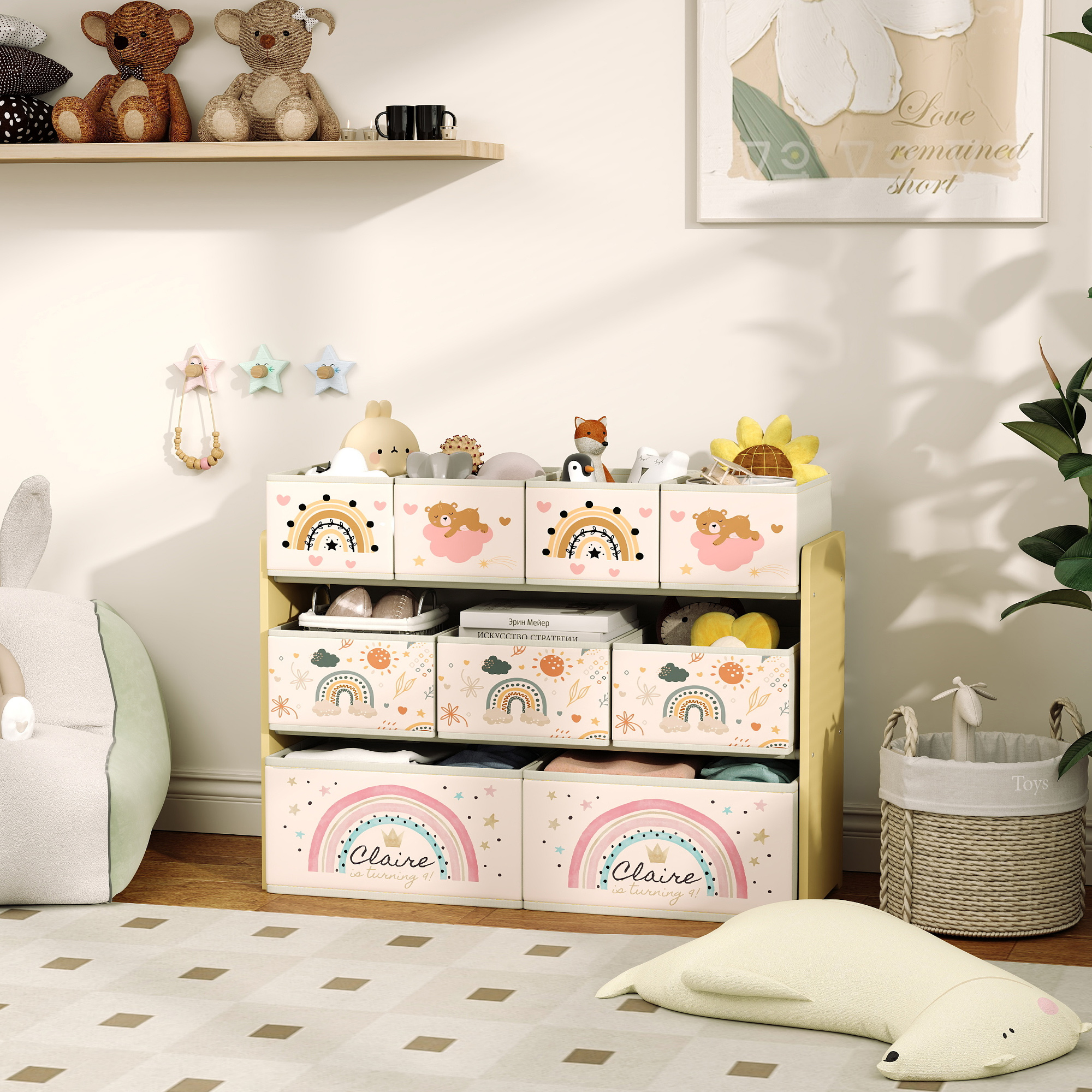 Spielzeugregal Für Kinder Mit 9 Herausnehmbaren Körben Aus Vliesstoff, 93 X 30 X 70 Cm, Gelb