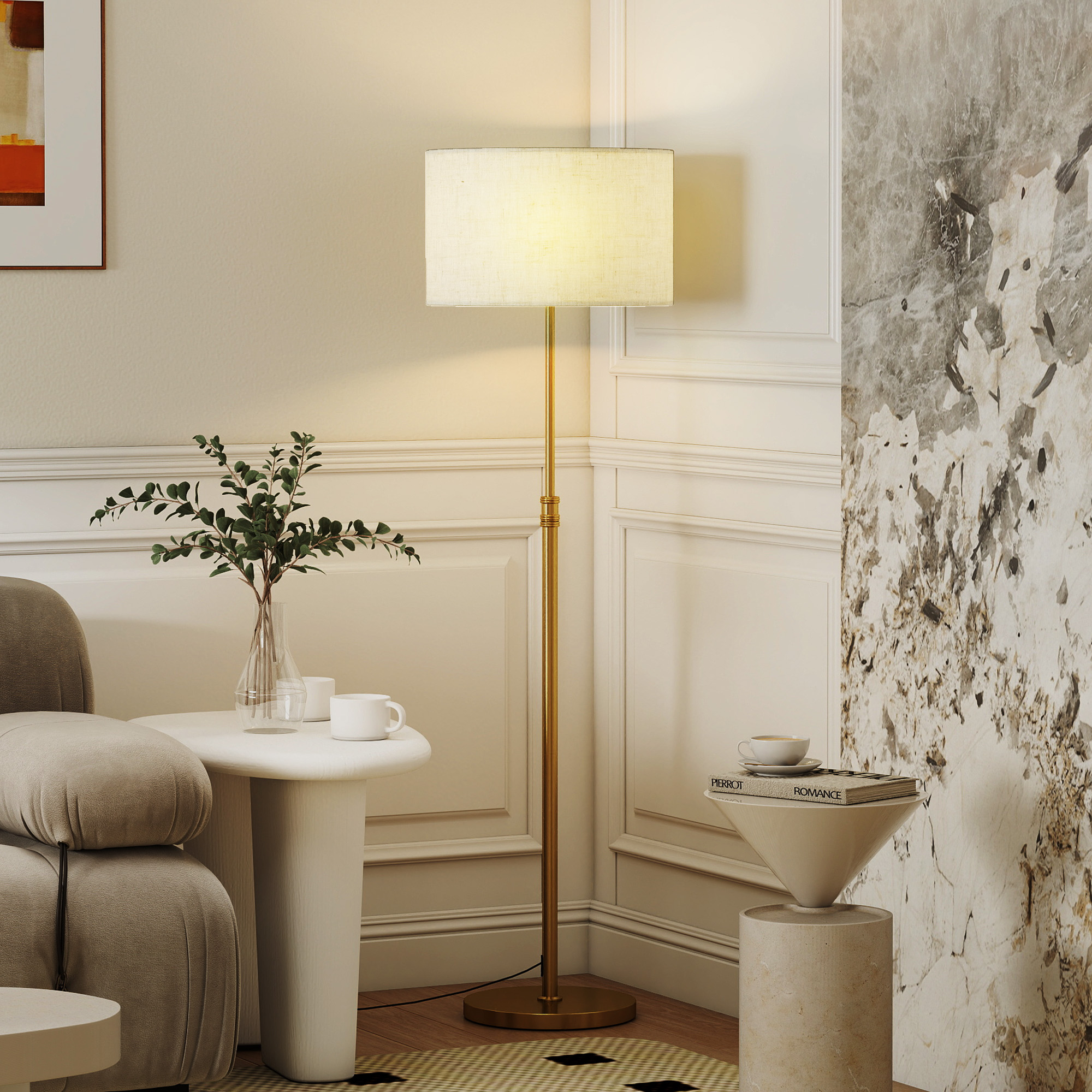 Stehlampe Mit Fernbedienung Und Einstellbarer Helligkeit (3000k–6000k), Dimmbar, Mit Stofflampenschirm, Für Wohn- Und Schlafzimmer, Gold