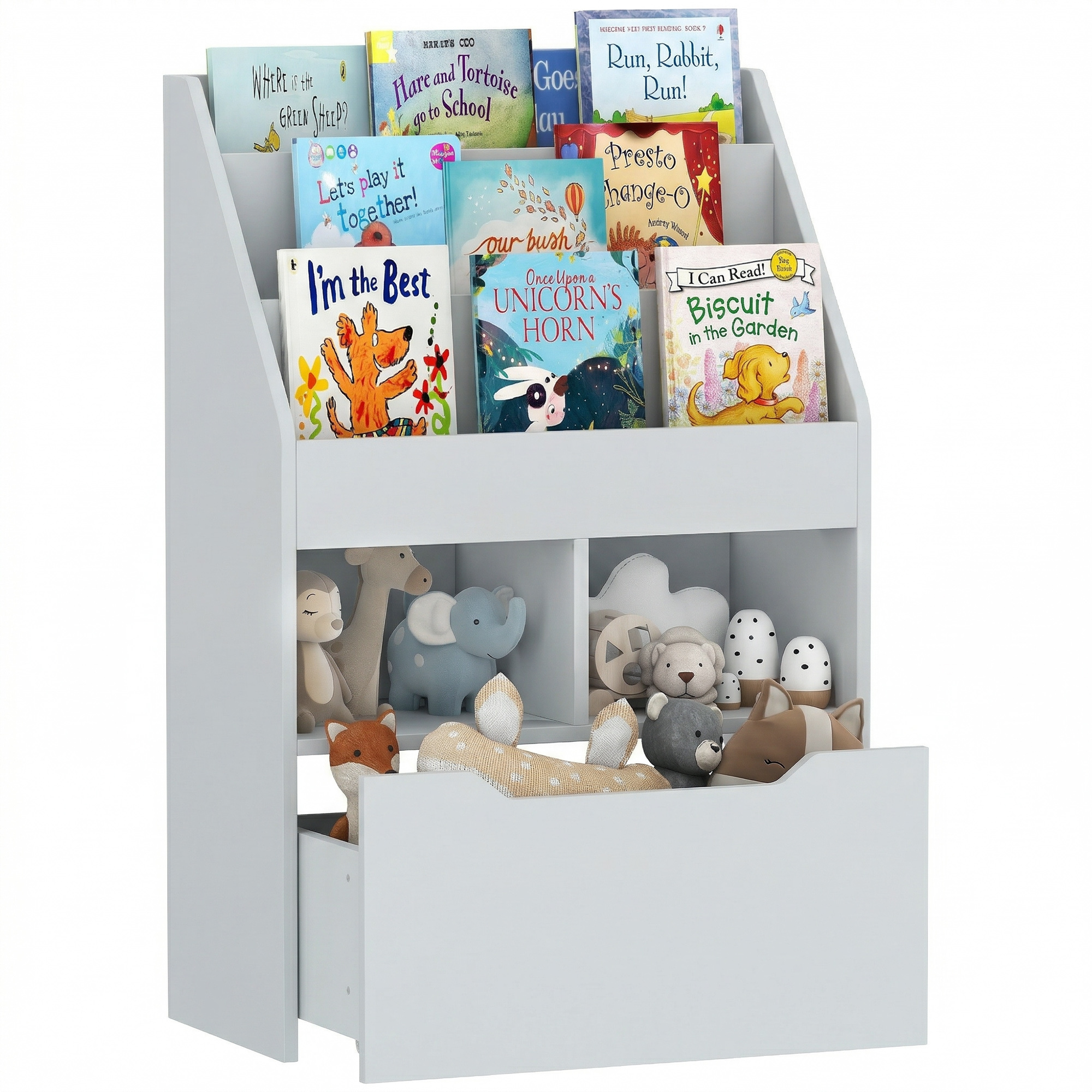 Mehrfach-bücherregal Mit 3 Regalböden, 2 Nischen Und Einer Großen Holzschublade In Grau.