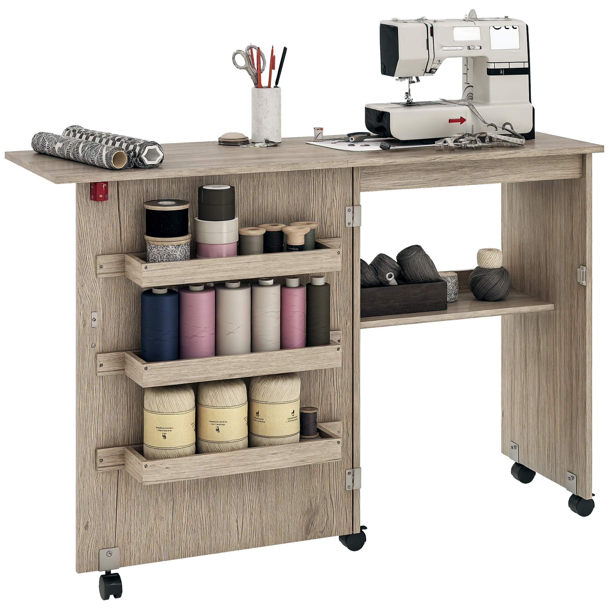 Klappbarer Nähtisch, Nähschrank Mit Klappplatten, Aufbewahrungsboxen, Offenem Regal Und Grauen Rollen In Holzoptik