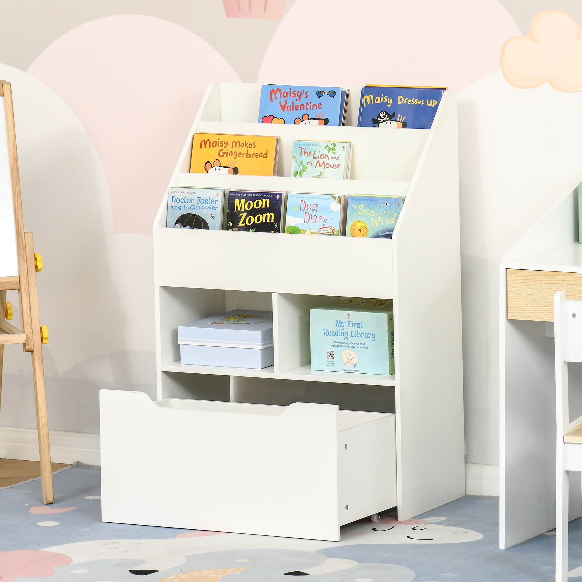 Homcom Kinder-bücherregal Aus Holz Mit 3 Fächern, 2 Würfeln Und Fahrbarer Schublade Mit 4 Rollen, 60 X 29,9 X 90 Cm, Weiß