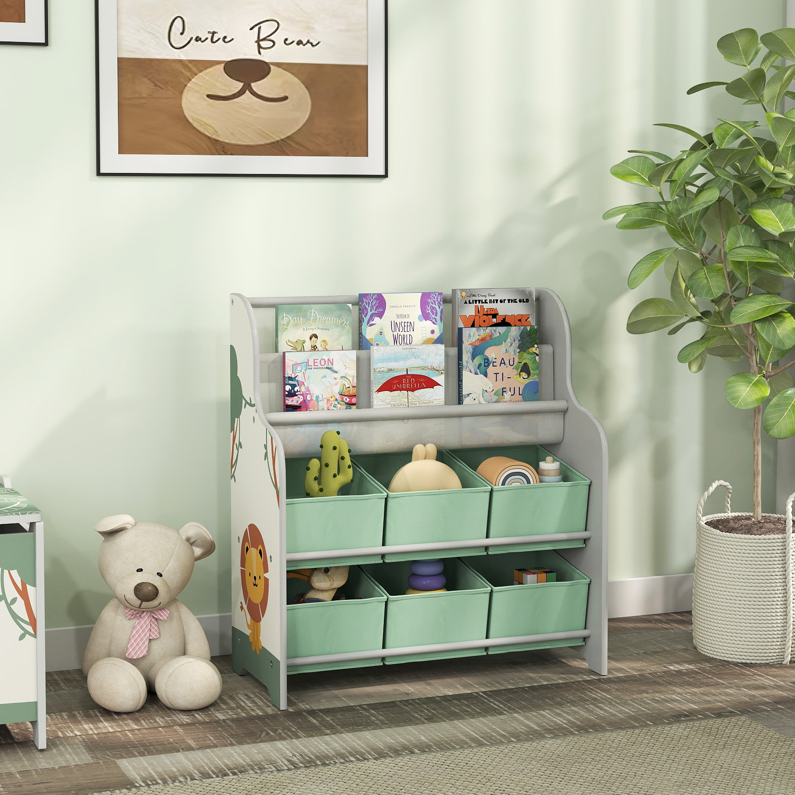 Spielzeugaufbewahrungseinheit Für Kinder Mit 6 Herausnehmbaren Vliesstoffboxen Und 2 Regalböden Fürs Kinderzimmer, 63 X 30 X 71 Cm, Grün