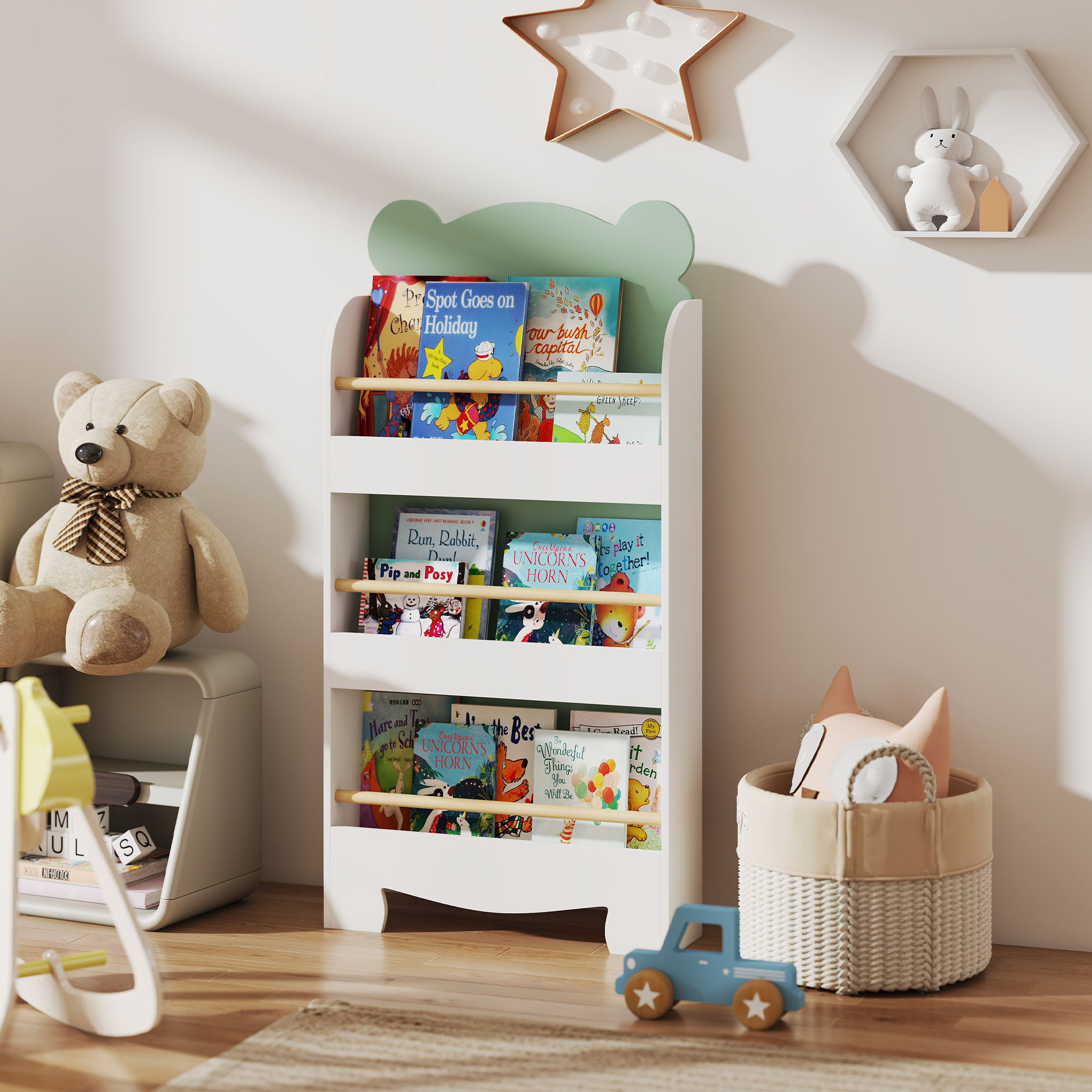 Dreistöckiges Kinderbücherregal, Platzsparendes, Teddybärförmiges Regal Mit Frontblenden, Für Kinderzimmer Und Wohnzimmer, 55 X 15 X 110 Cm, Grün
