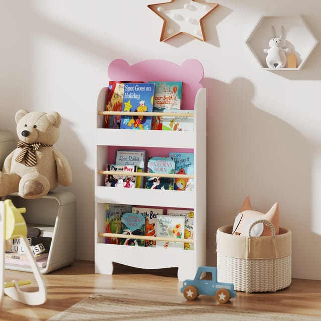 Dreistöckiges Kinderbücherregal, Platzsparendes, Teddybärförmiges Regal Mit Frontblenden, Für Kinderzimmer Und Wohnzimmer, 55 X 15 X 110 Cm, Rosa