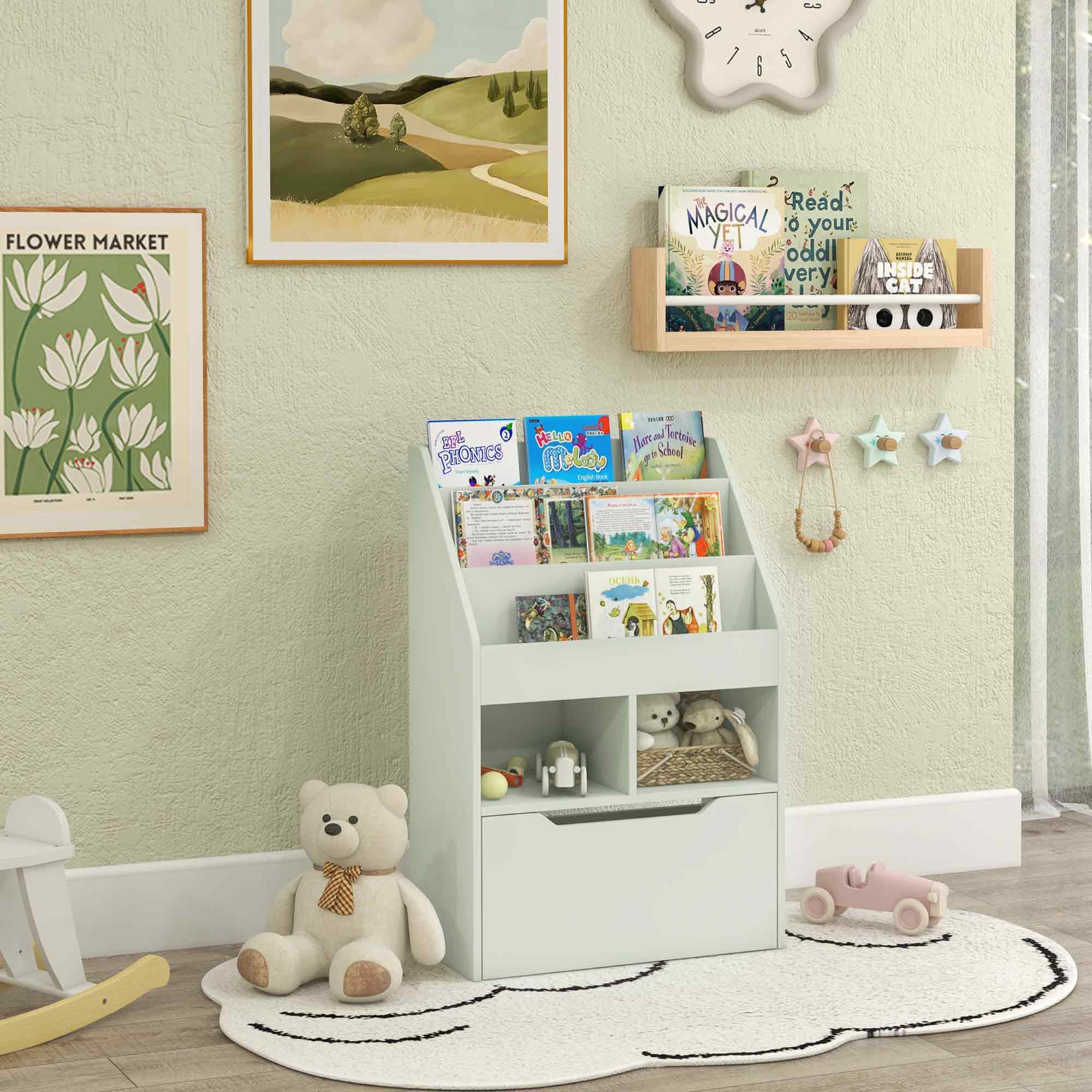 Kinder-bücherregal Aus Holz Mit 3 Fächern, 2 Würfeln Und Einer Fahrbaren Schublade Mit 4 Rollen, 60 X 29,9 X 90 Cm, Grün