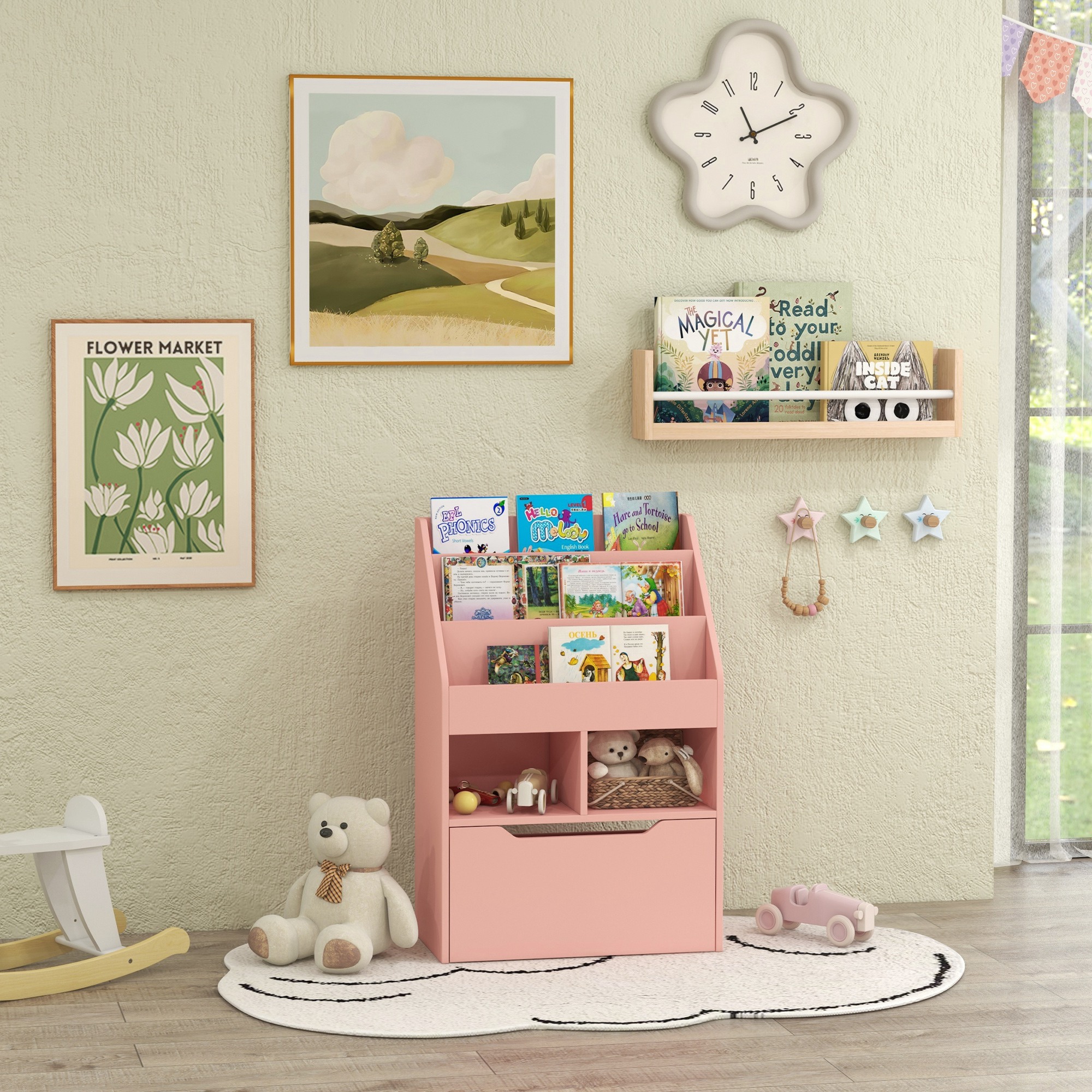 Kinder-bücherregal Aus Holz Mit 3 Fächern, 2 Würfeln Und Einer Mobilen Schublade Mit 4 Rollen, 60 X 29,9 X 90 Cm, Rosa