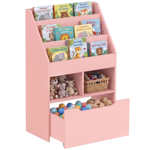 Kinder-bücherregal Aus Holz Mit 3 Fächern, 2 Würfeln Und Einer Mobilen Schublade Mit 4 Rollen, 60 X 29,9 X 90 Cm, Rosa