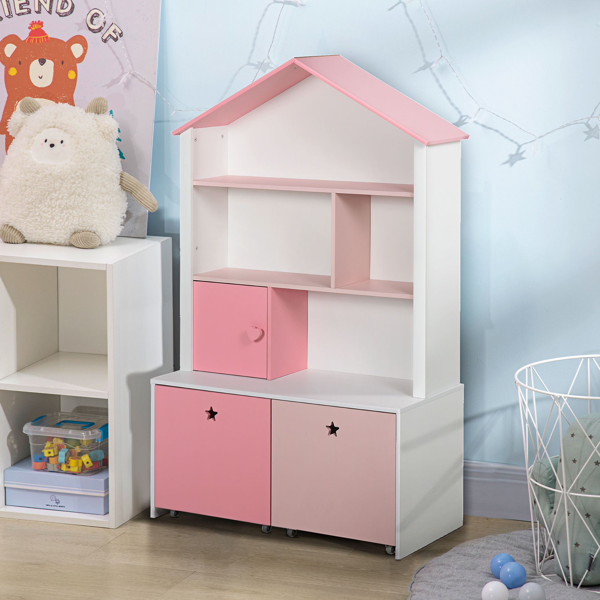 Homcom Kinderbücherregal Aus Holz, Bücherregal Mit 4 Fächern, 1 Tür Und 2 Ausziehbaren Schubladen Mit Rollen Für Bücher Und Spielzeug, 80 X 34 X 130 Cm, Rosa Und Weiß