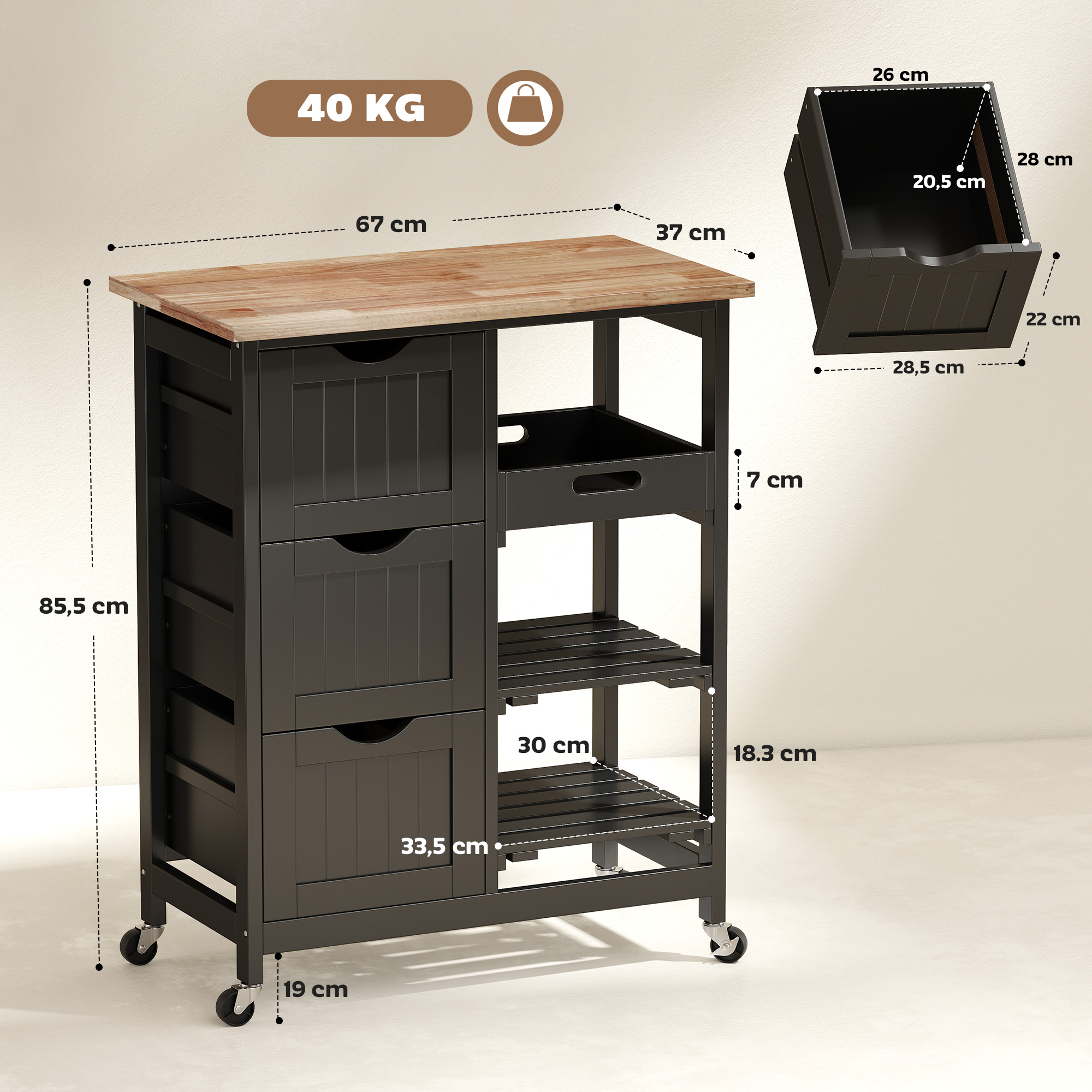 Küchenwagen, Beistellwagen Mit Rollen, 3 Schubladen, 2 Offenen Ablagen Und Abnehmbarem Tablett, 67 X 37 X 85,5 Cm, Schwarz
